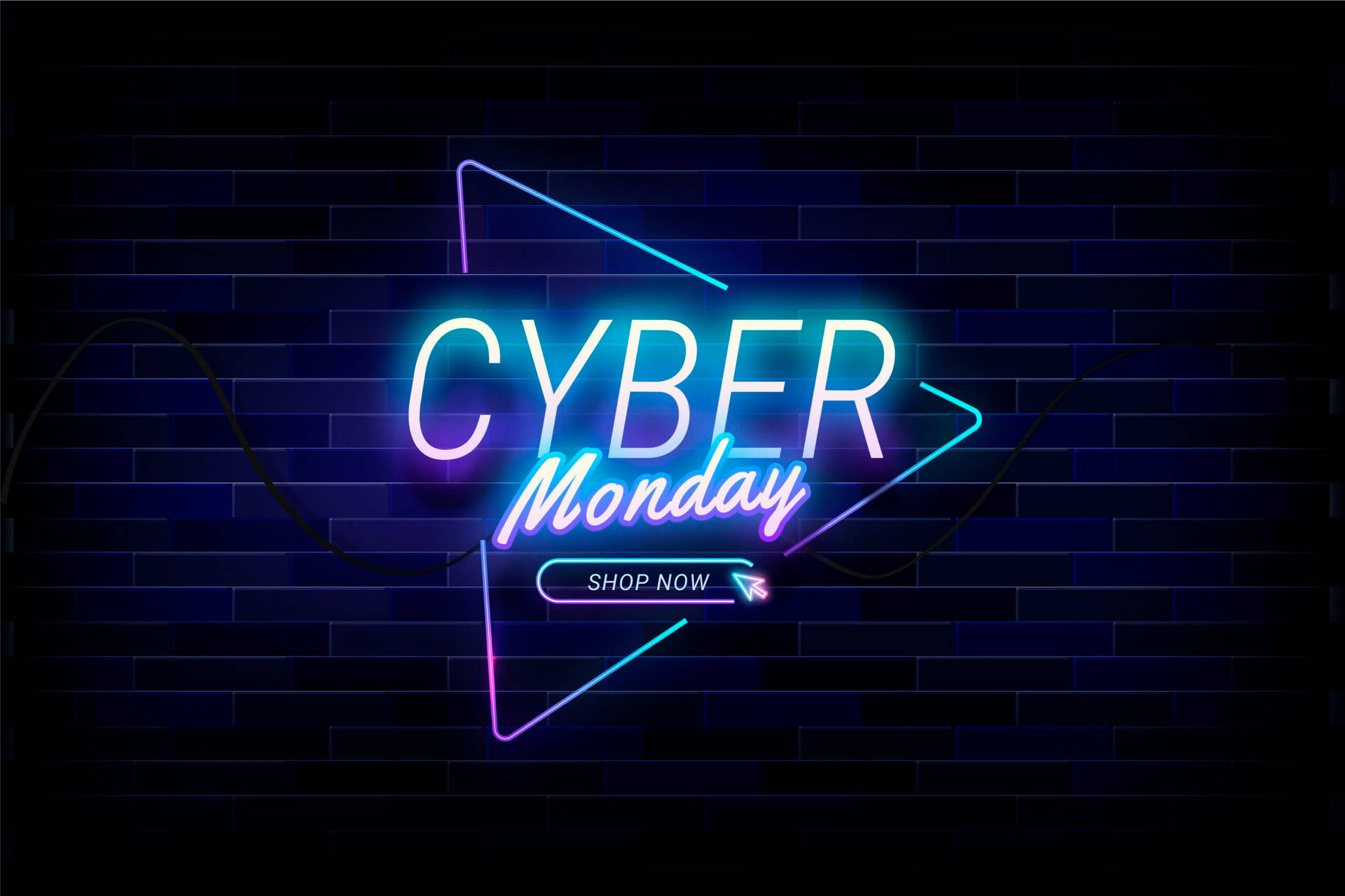 霓虹燈牌在深色磚牆上宣傳Cyber Monday特賣。