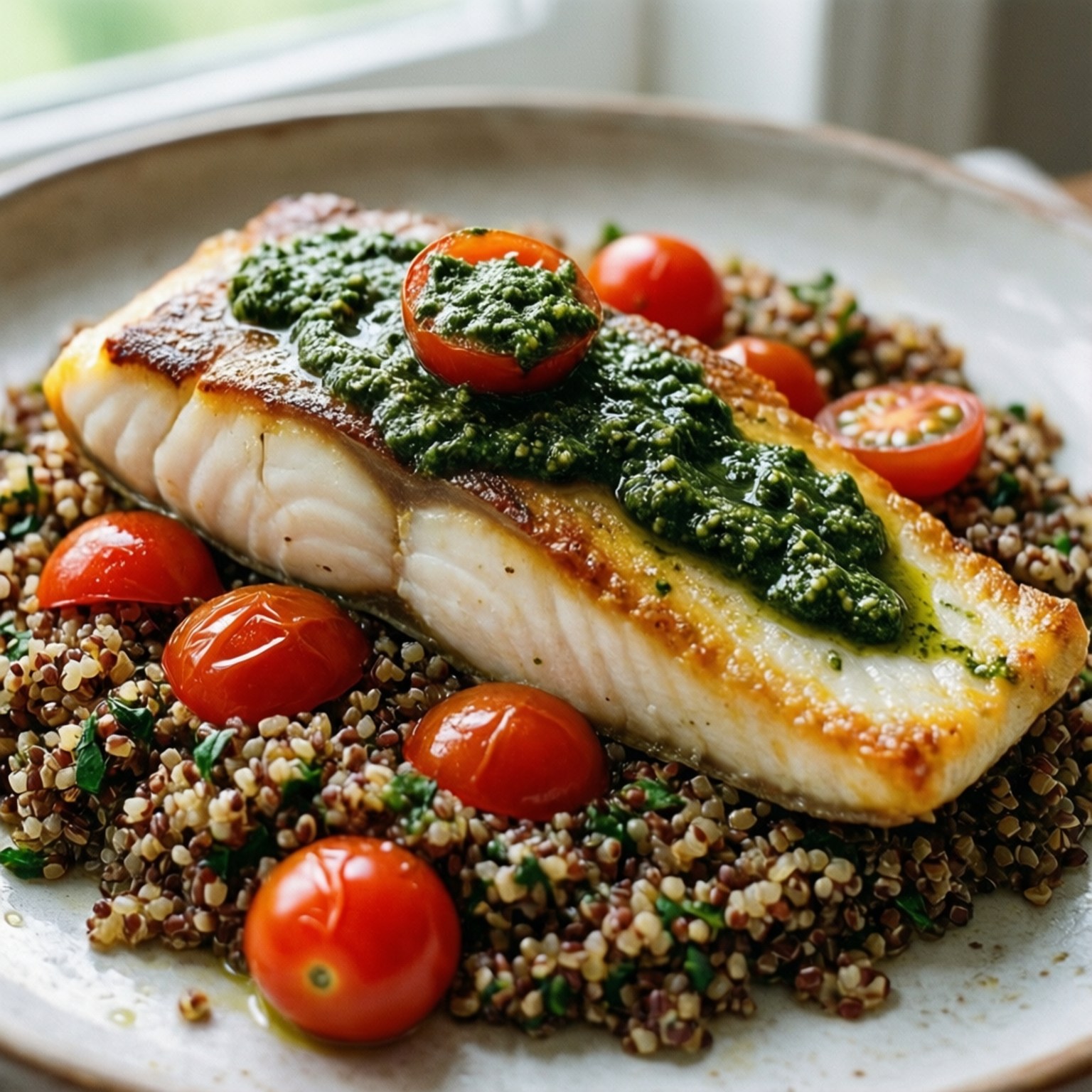 Pesto Baked Halibut 壁紙 — 香煎魚柳配上鮮綠色香草醬和半個車厘茄，放在色彩繽紛的藜麥上。