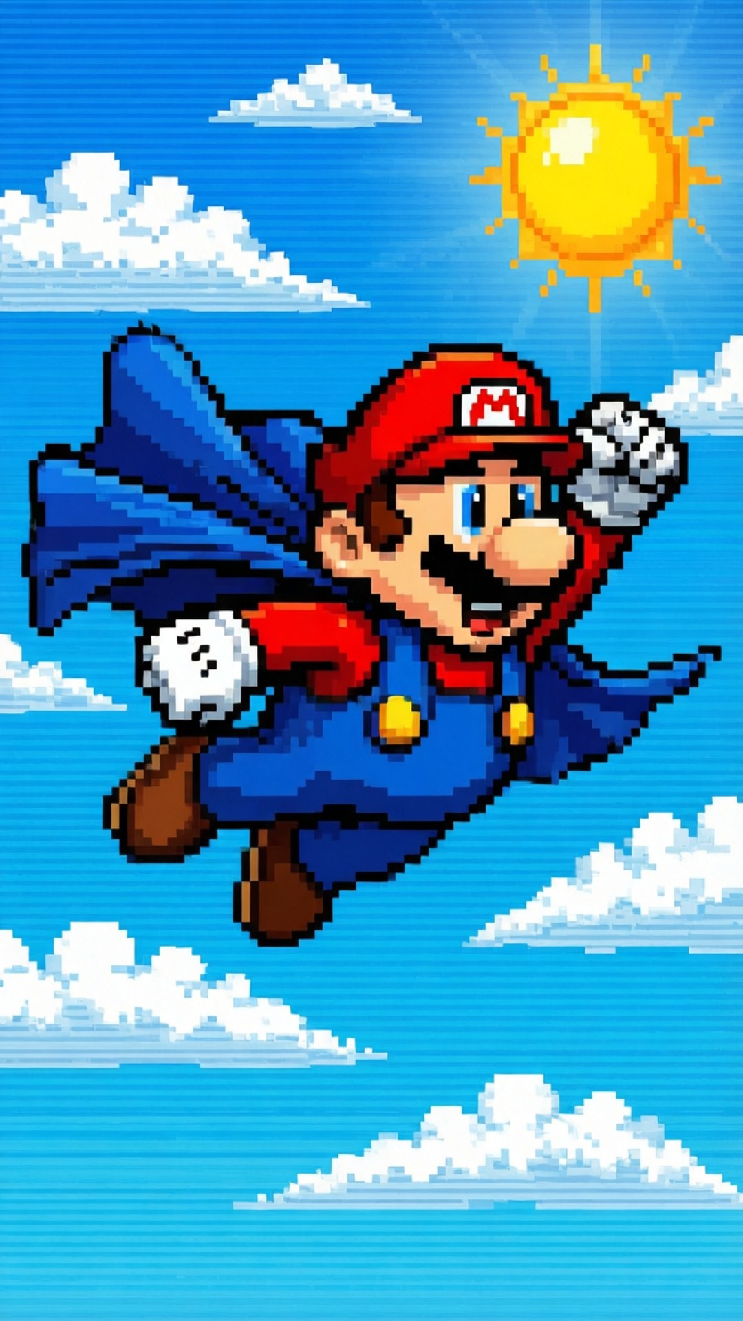 Mario Sprite 桌布 壁紙 — 像素化的瑪利歐在明亮的藍天中翱翔，身後有蓬鬆的雲朵和閃耀的太陽。