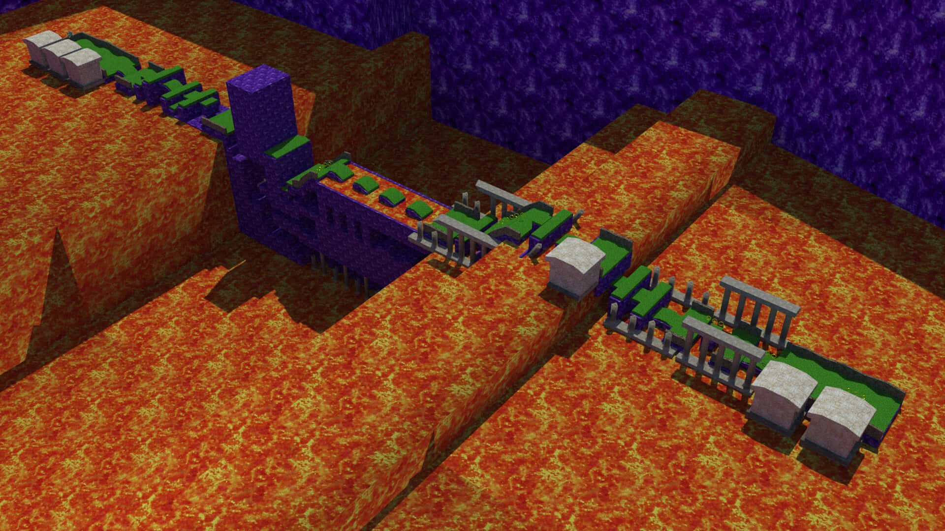  壁紙 — 像素化的Minecraft火車穿越熾熱橙色熔岩景觀，配紫色天空和綠色軌道。
