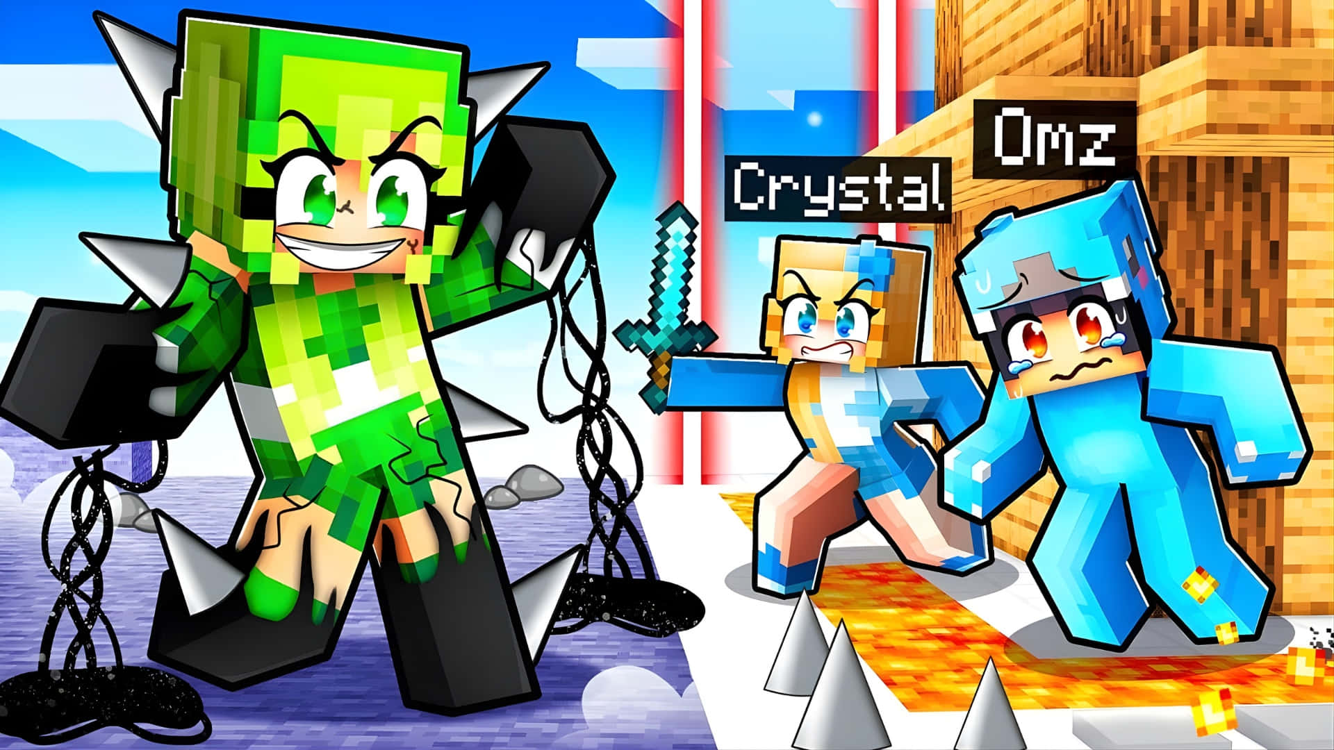  壁紙 — 像素化的Minecraft角色在充滿活力的奇幻場景中，使用熔岩和水晶劍戰鬥。