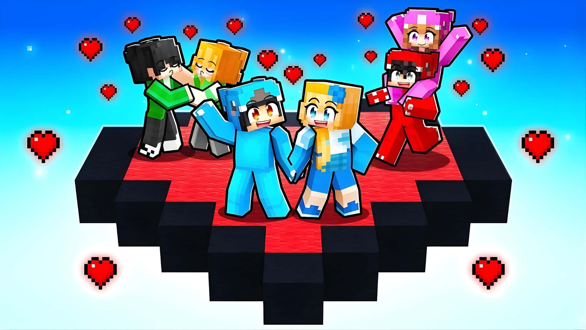  壁紙 — 像素化的Minecraft角色在明亮的藍天下，於一個漂浮的紅色平台上慶祝，周圍環繞著發光的心形。