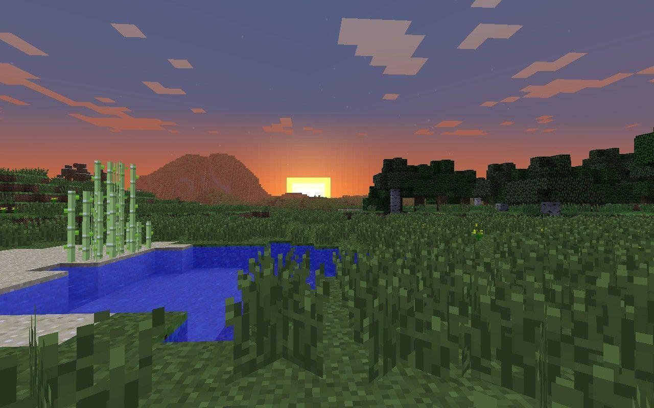 Minecraft日落景觀，河流、竹子、山