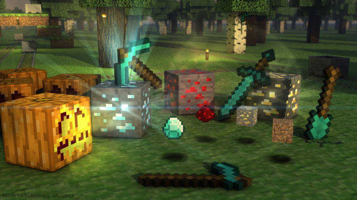 Minecraft遊戲物品，如鑽石劍和傑克南瓜燈，夜晚在草地上。