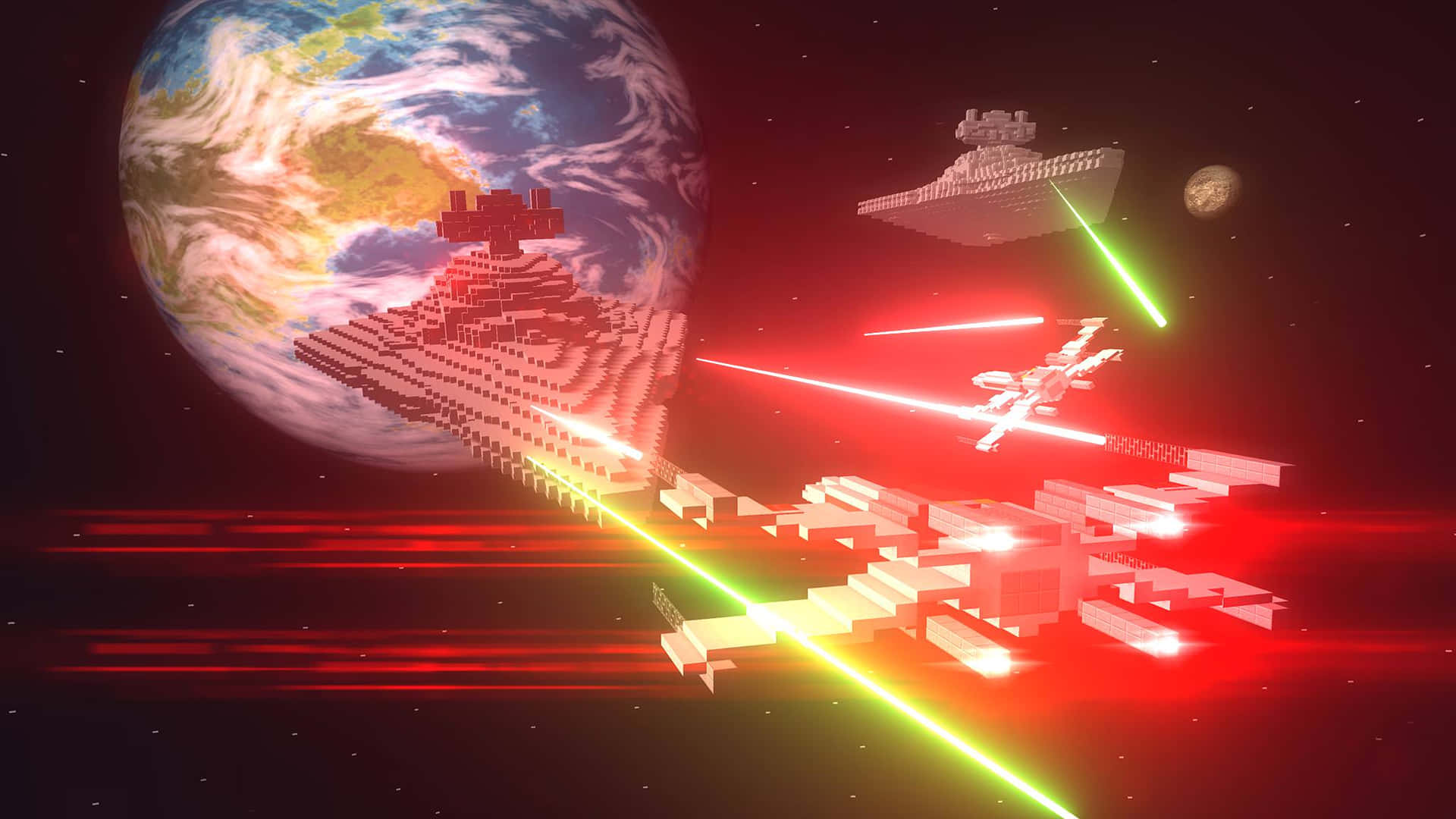  壁紙 — 像素化的星艦在方塊狀地球附近進行戲劇性的太空戰鬥，發射激光。