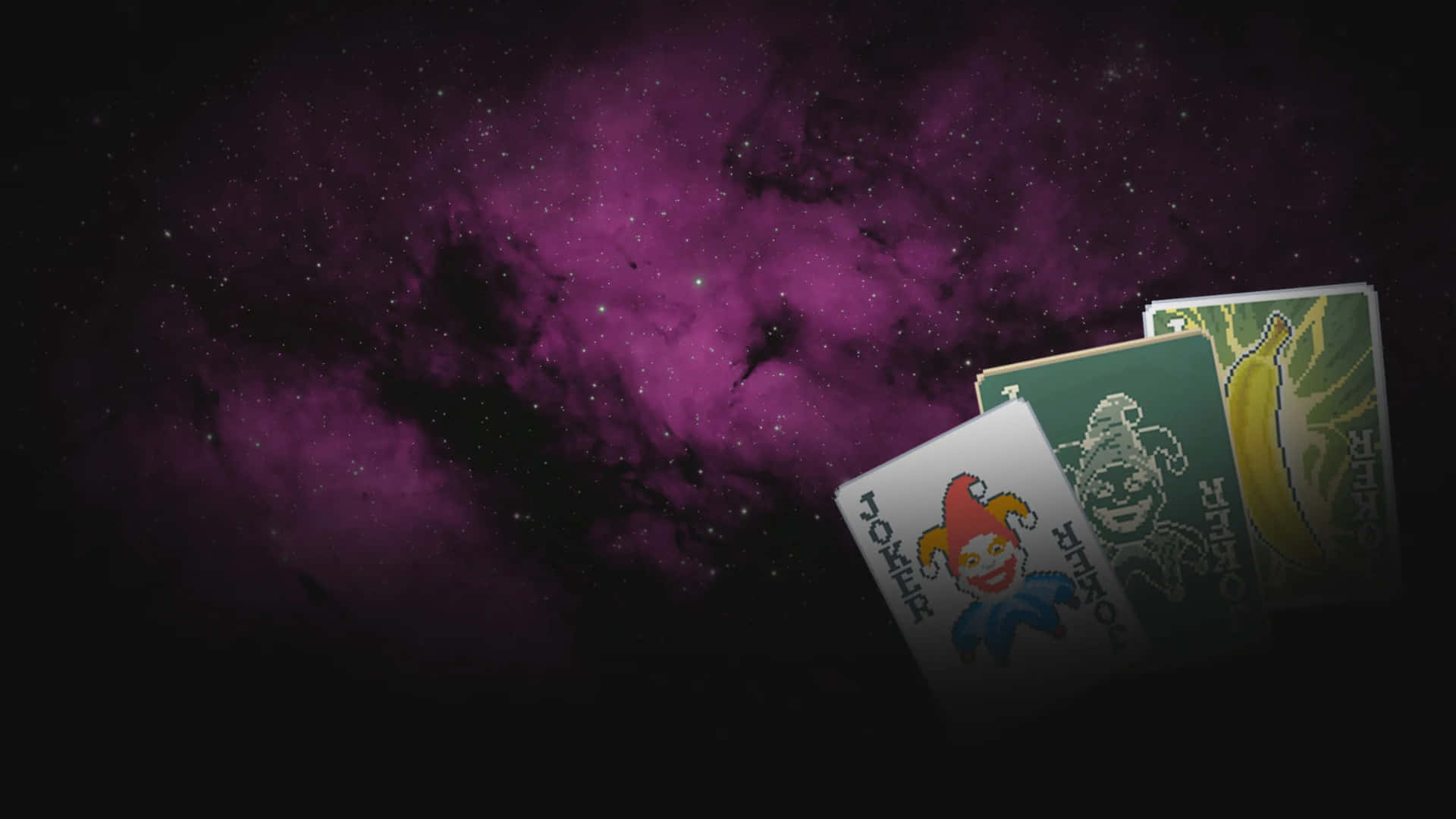  壁紙 — 像素化嘅啤牌，有joker同香蕉設計，漂浮喺宇宙紫色星雲背景前面。