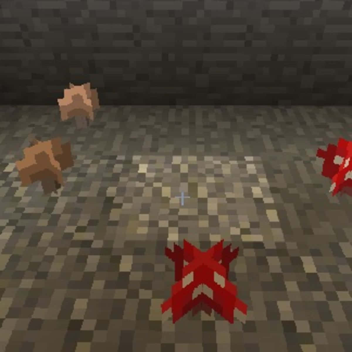 Minecraft Farming 桌布 壁紙 — 像素化嘅紅色同啡色蘑菇喺Minecraft地下洞穴嘅石地板上生長。