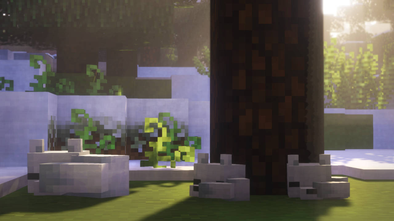 三隻Minecraft兔仔喺一個草地方塊景觀嘅樹下坐低。