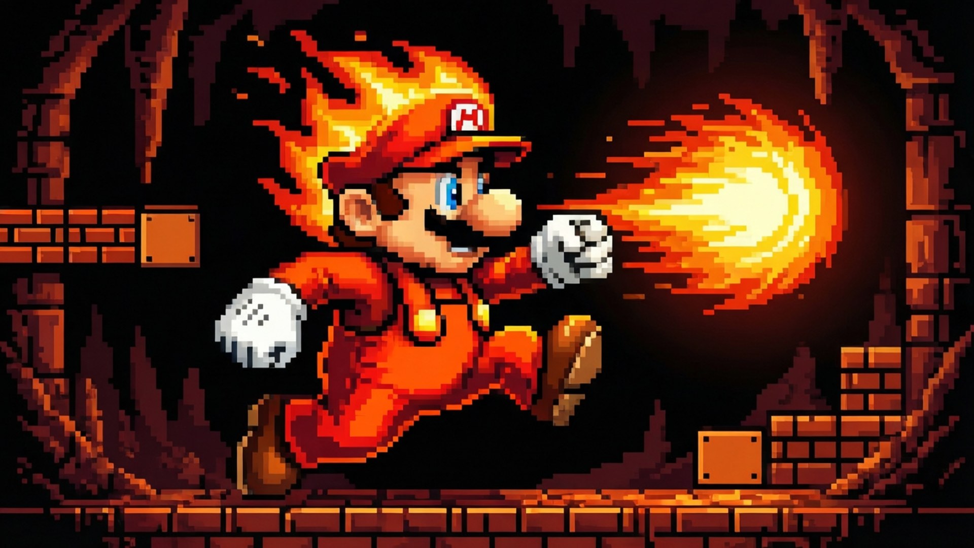 Mario Sprite 桌布 壁紙 — 像素化瑪利歐以經典8位元風格穿過火焰洞穴，從拳頭噴射火焰。