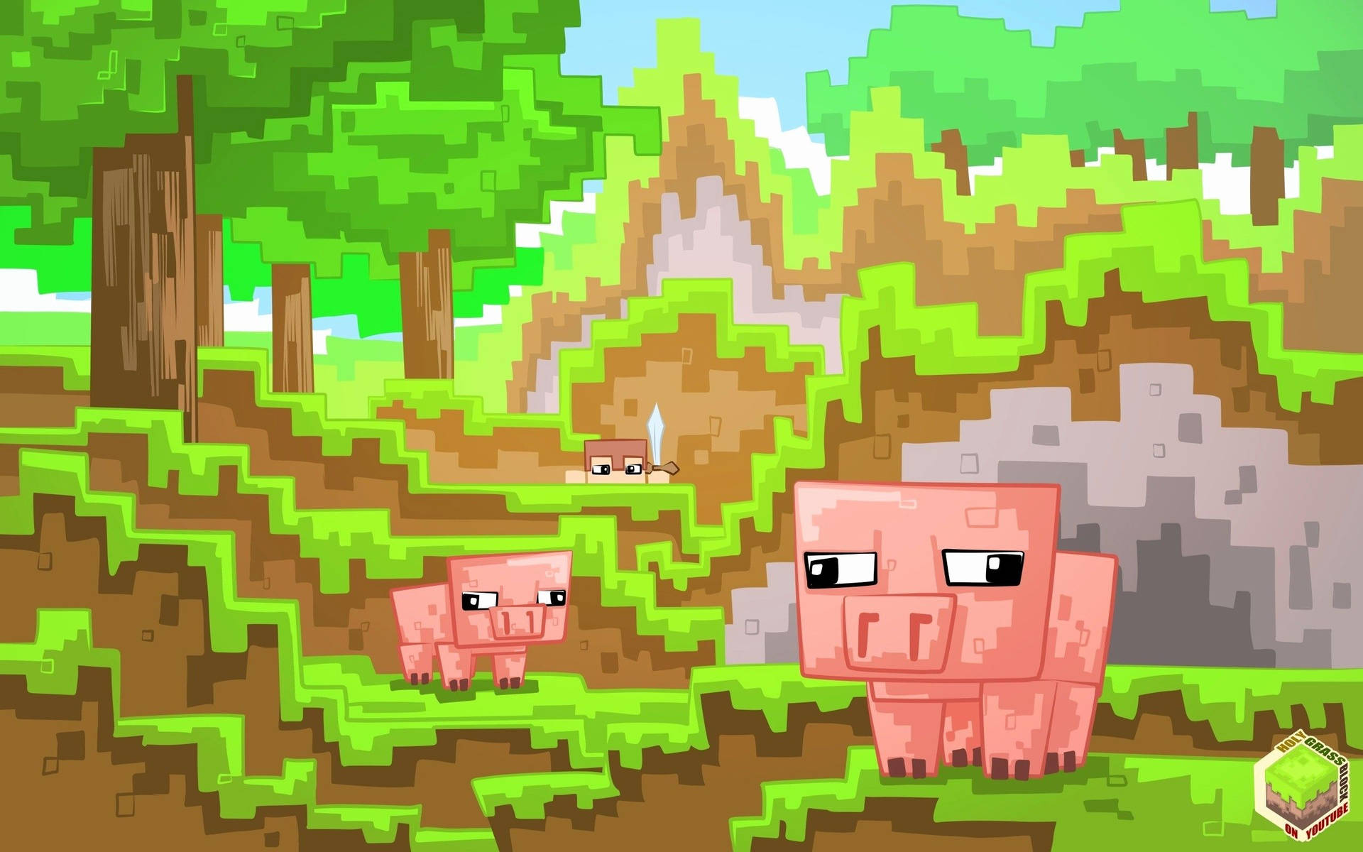 《我的世界PC版》森林中的豬 壁紙 — 像素化的Minecraft豬和骷髏站在充滿活力的綠色森林中，地形和樹木都是方塊狀。