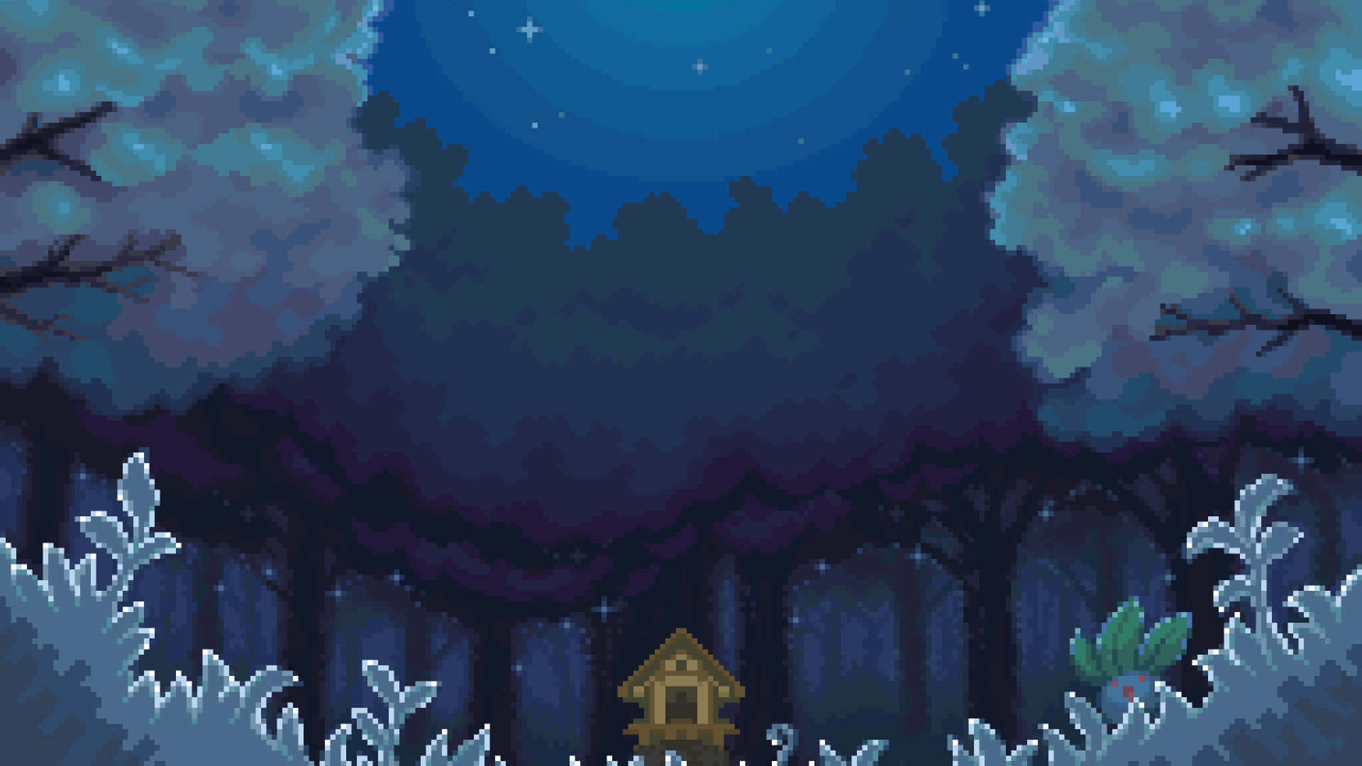  壁紙 — 一間像素藝術小屋坐落在雪地森林中，上方是繁星點點的夜空，周圍有發光的藍色樹木。