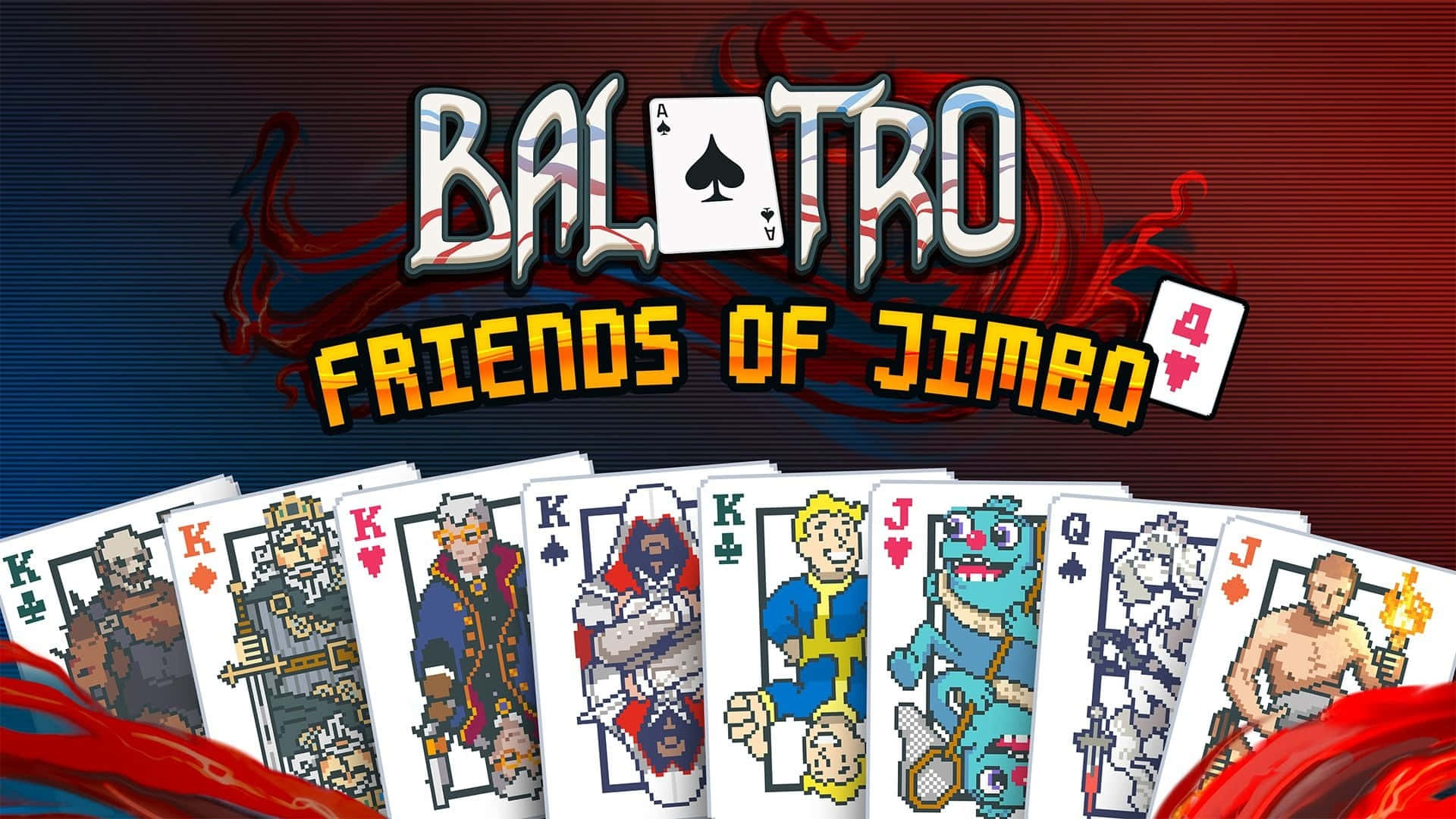  壁紙 — 像素藝術遊戲標題 Balatro，色彩繽紛的卡牌角色在深紅和藍色背景上展開。