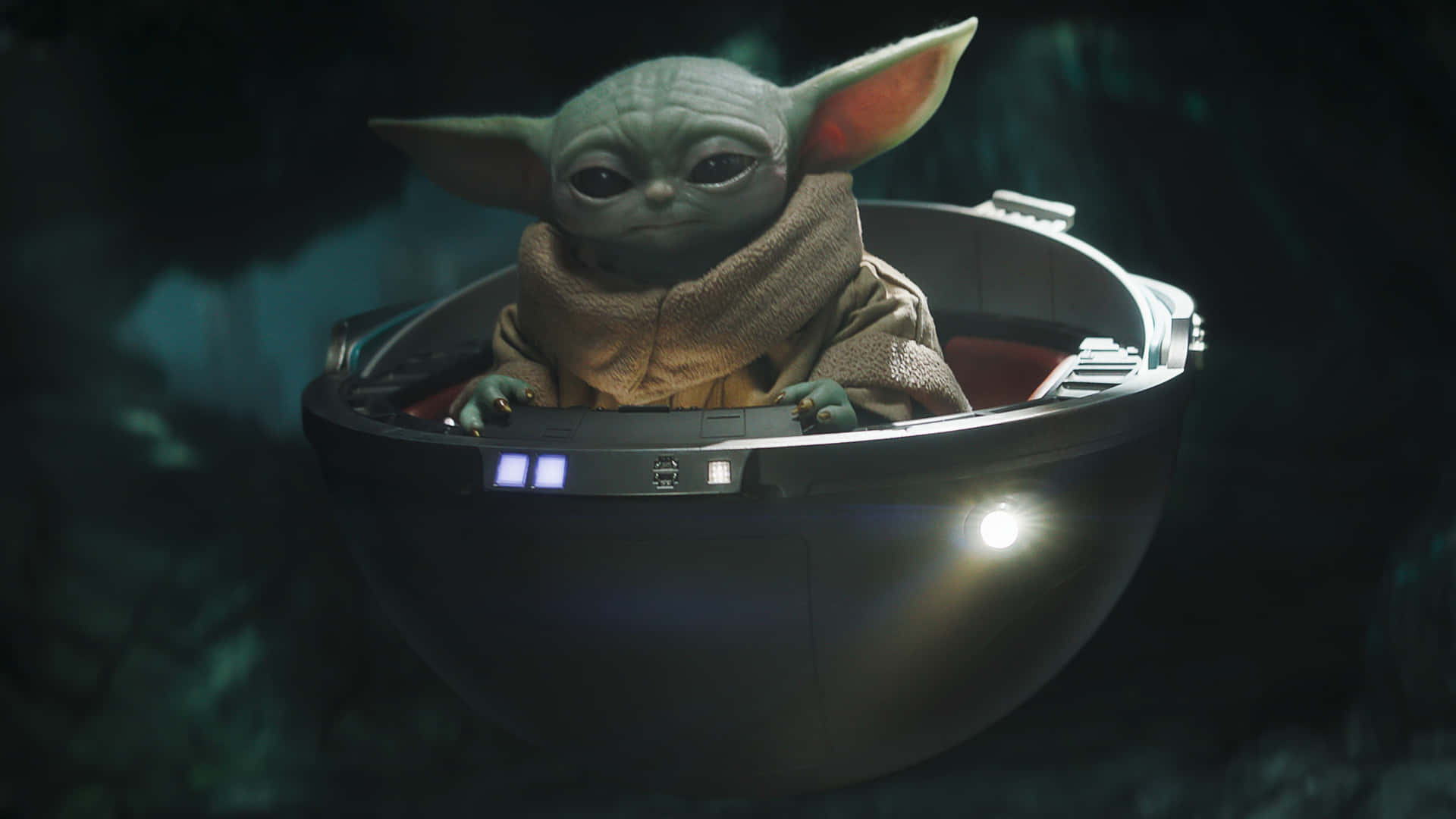 在黑暗環境中發光的未來主義艙內的Baby Yoda