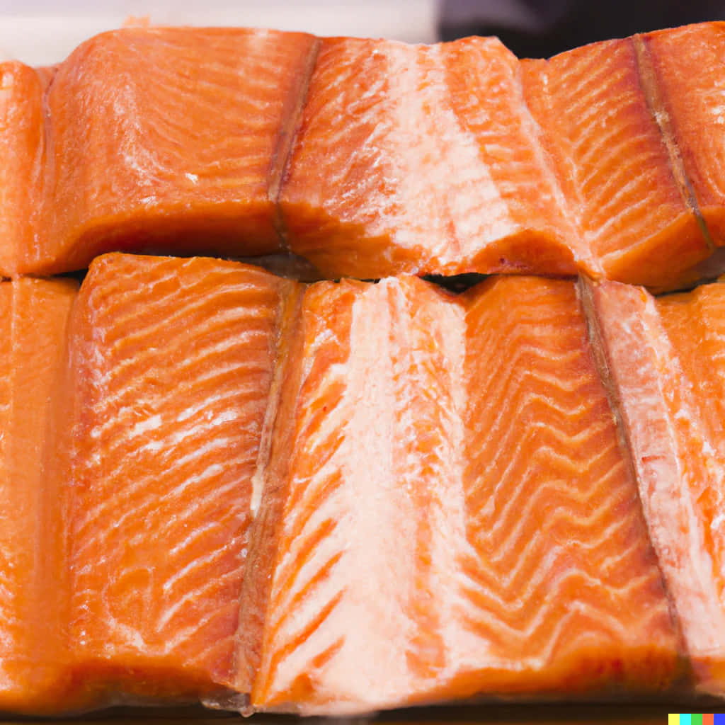 Pink Salmon 桌布 壁紙 — 新鮮三文魚柳特寫，展現鮮橙色肉質和白色大理石紋理，帶有閃亮質感。
