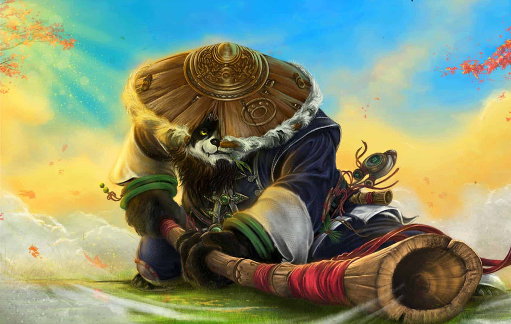  壁紙 — 一隻穿著華麗盔甲的熊貓戰士跪在草地上，頭頂是充滿活力的天空，秋葉飄落。