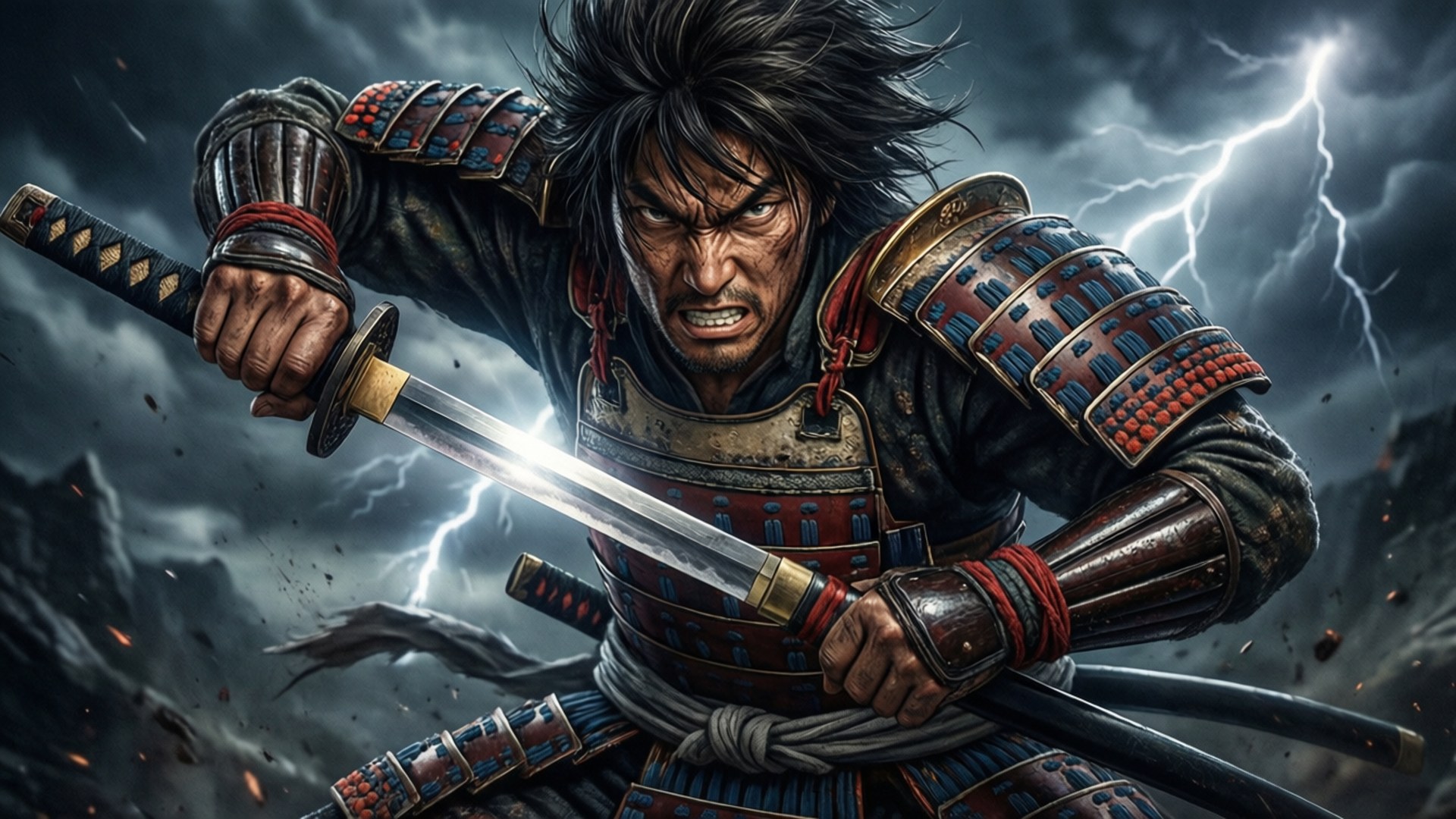 Fushigi Yuugi 桌布 壁紙 — 一位兇猛的武士穿著華麗盔甲，在雷電交加的暴風雨中緊握著發光的劍。