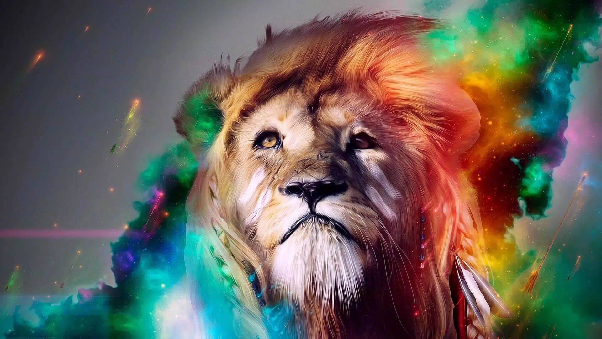 獅子的臉被色彩繽紛的宇宙雲和發光粒子包圍。