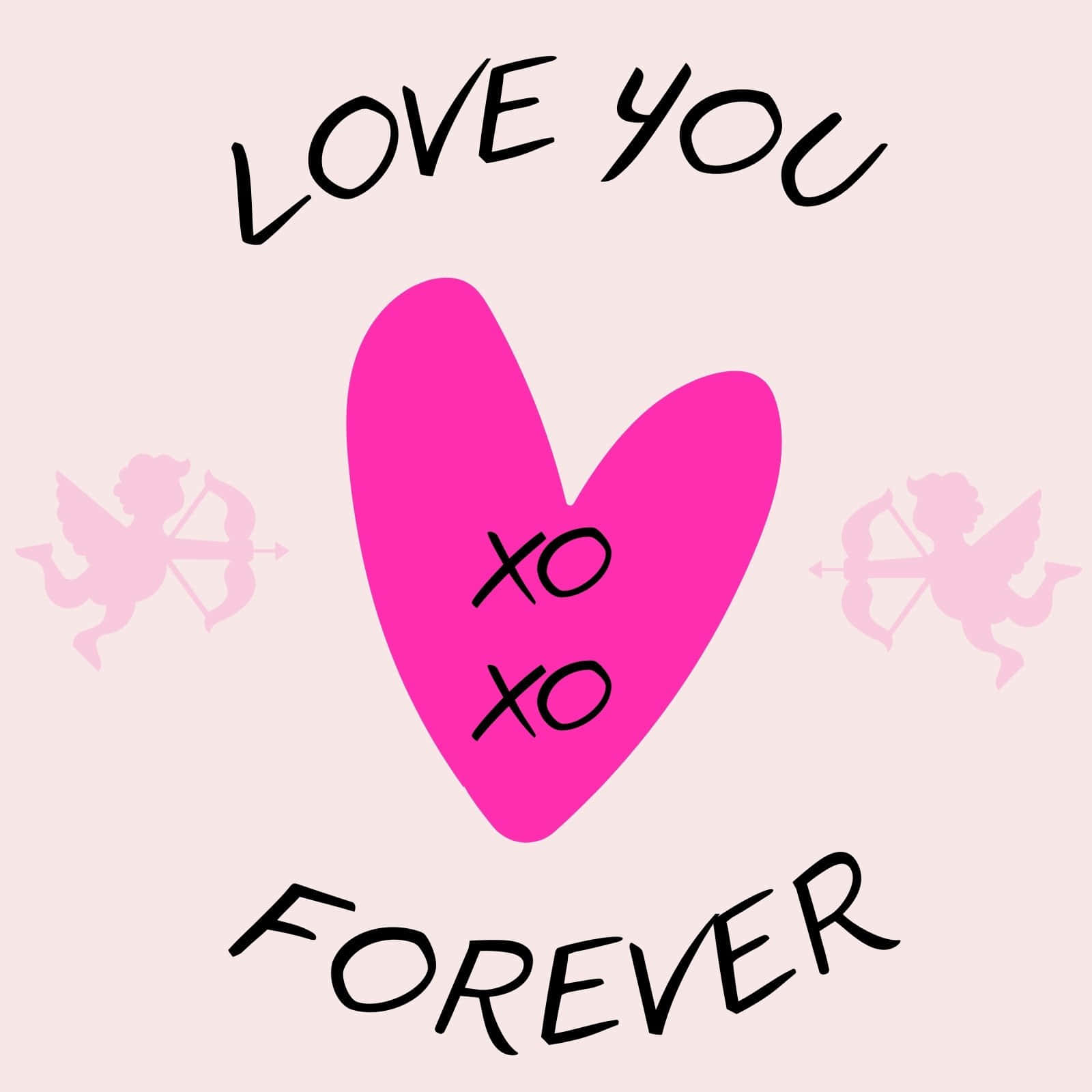 愛你XOXO永遠 愛美情人節 壁紙 — 一個亮粉紅色的心形，中間有 XO XO 文字，位於 'LOVE YOU' 和 'FOREVER' 文字之間，兩側有淡淡的粉紅色邱比特剪影，背景是柔和的粉紅色。