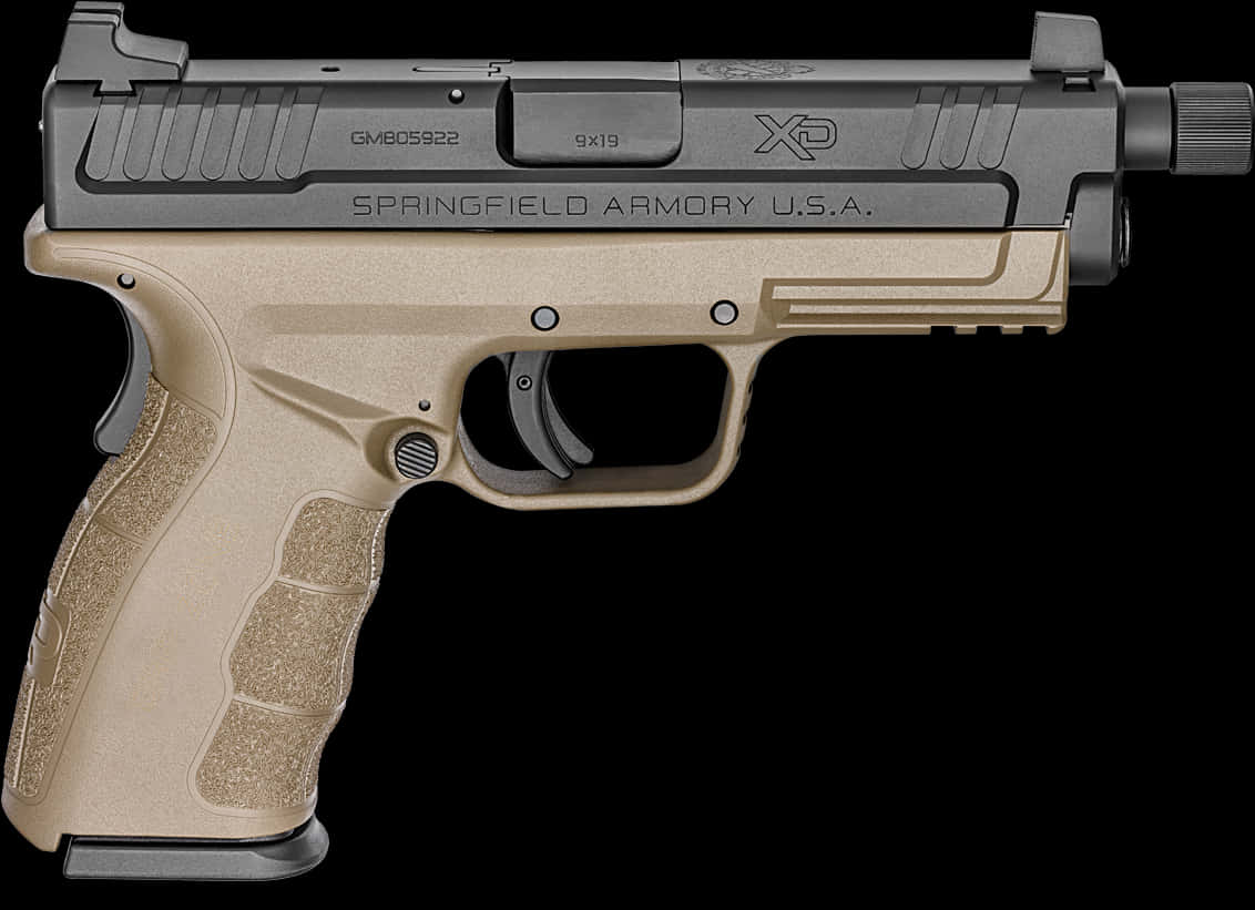 春田兵工廠XP手槍 壁紙 — 一支棕褐色和黑色的 Springfield Armory XD 9x19 手槍，在純黑色背景上以側面輪廓展示。