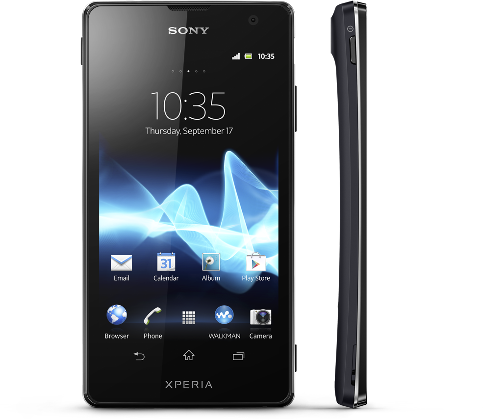 索尼Xperia智慧手機顯示 壁紙 — 黑色Sony Xperia智能手機正面和側面視圖，帶有藍色波浪壁紙和應用程式圖標。