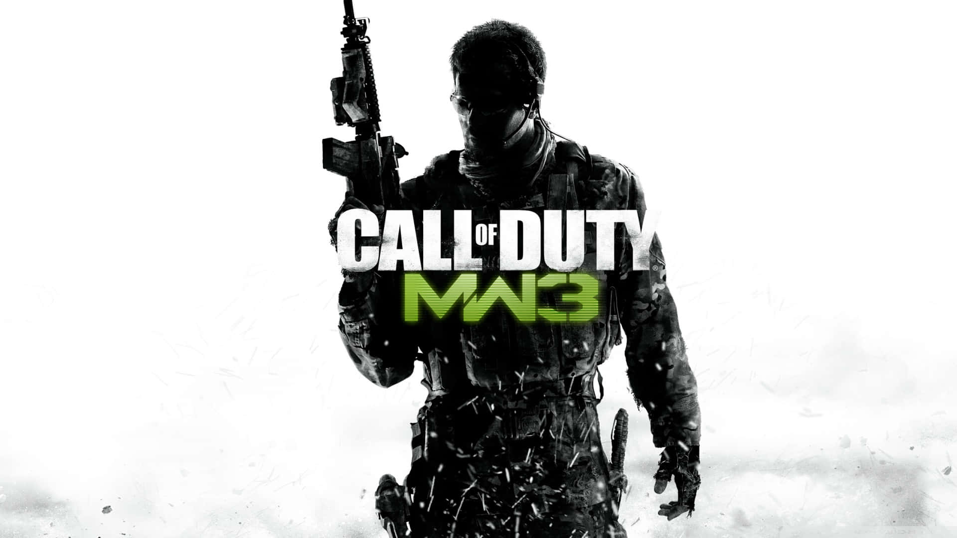  壁紙 — 一名身穿戰術裝備的士兵在雪地背景下持步槍，Call of Duty MW3 標誌顯眼展示。
