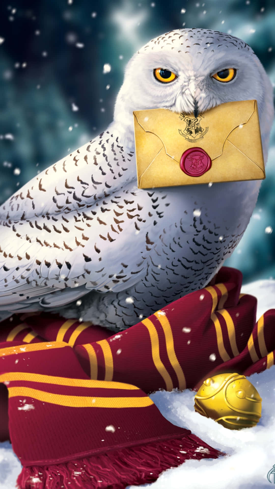  壁紙 — 一隻雪鴞棲息在葛萊芬多圍巾上，拿著一封以紅色火漆封印的霍格華茲信件，背景是雪夜的天空。