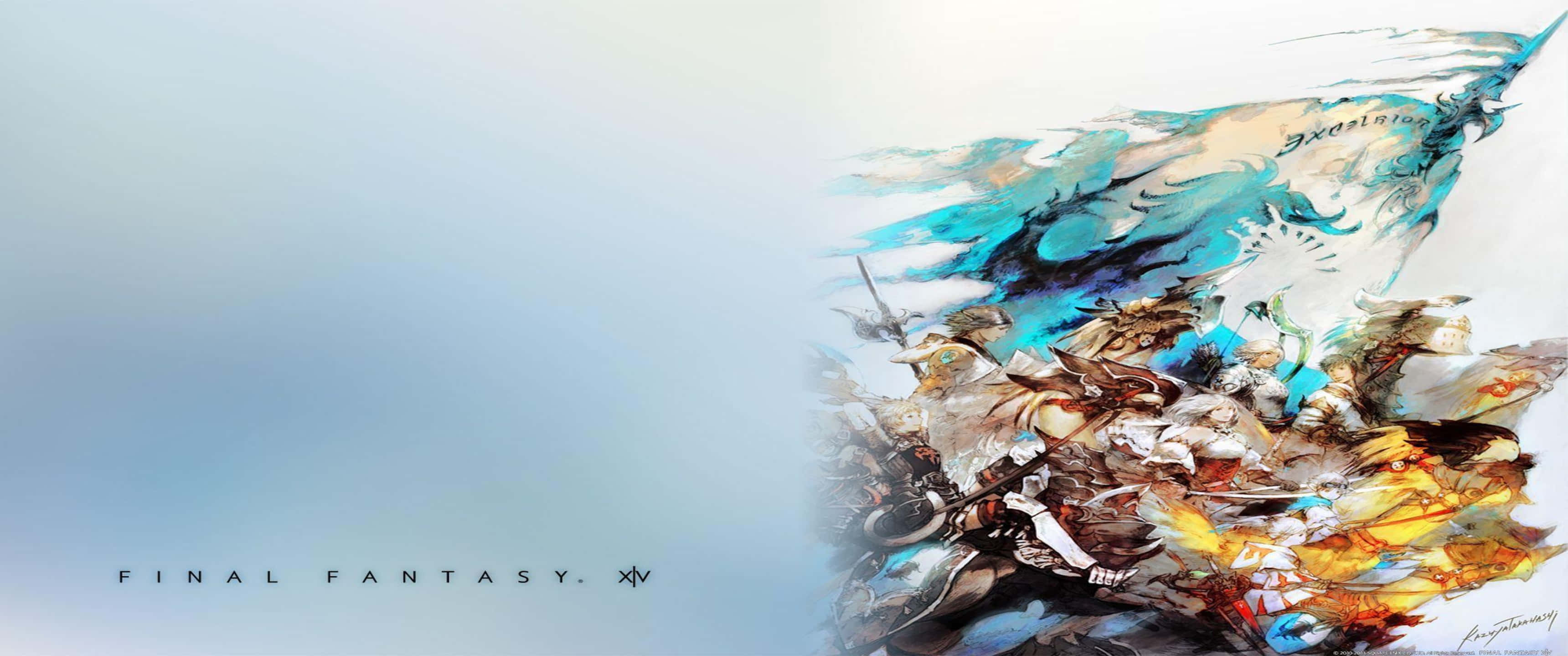 《最終幻想XV》世界壯麗風景 壁紙 — 動漫風格插圖，描繪《Final Fantasy XIV》角色在柔和藍色漸變背景上動態移動。