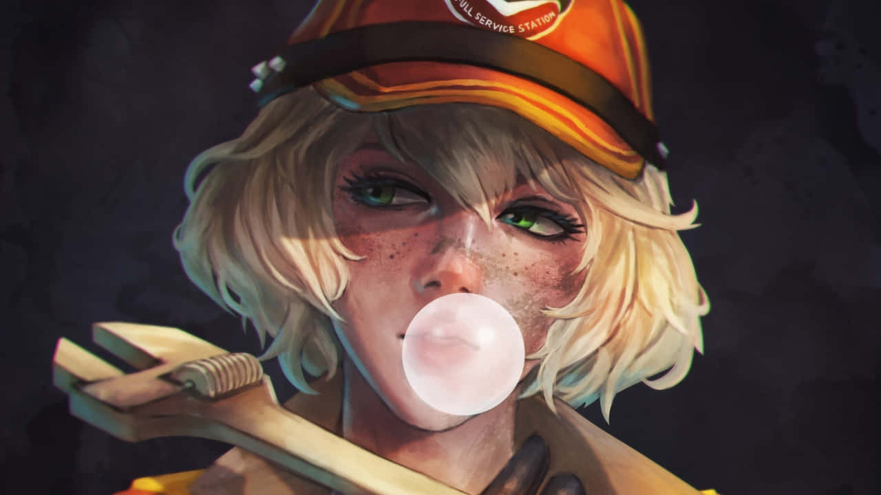 《最終幻想XV》——探索魔法世界 壁紙 — 一位有雀斑的年輕金髮女機械師，戴著橙色帽子，拿著扳手，吹著泡泡糖。