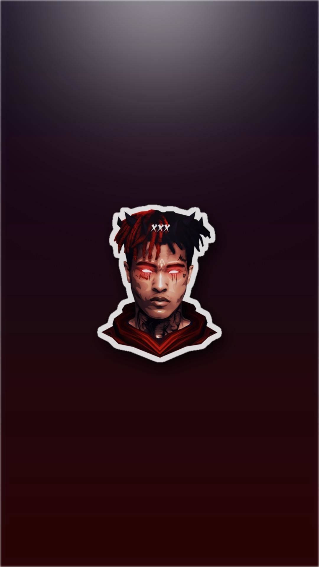 極簡風格 XX Tentacion 圖像 壁紙 — 一個風格化的數碼肖像，描繪一位年輕男子，擁有紅色眼睛和黑紅色頭髮，背景為深色漸變。