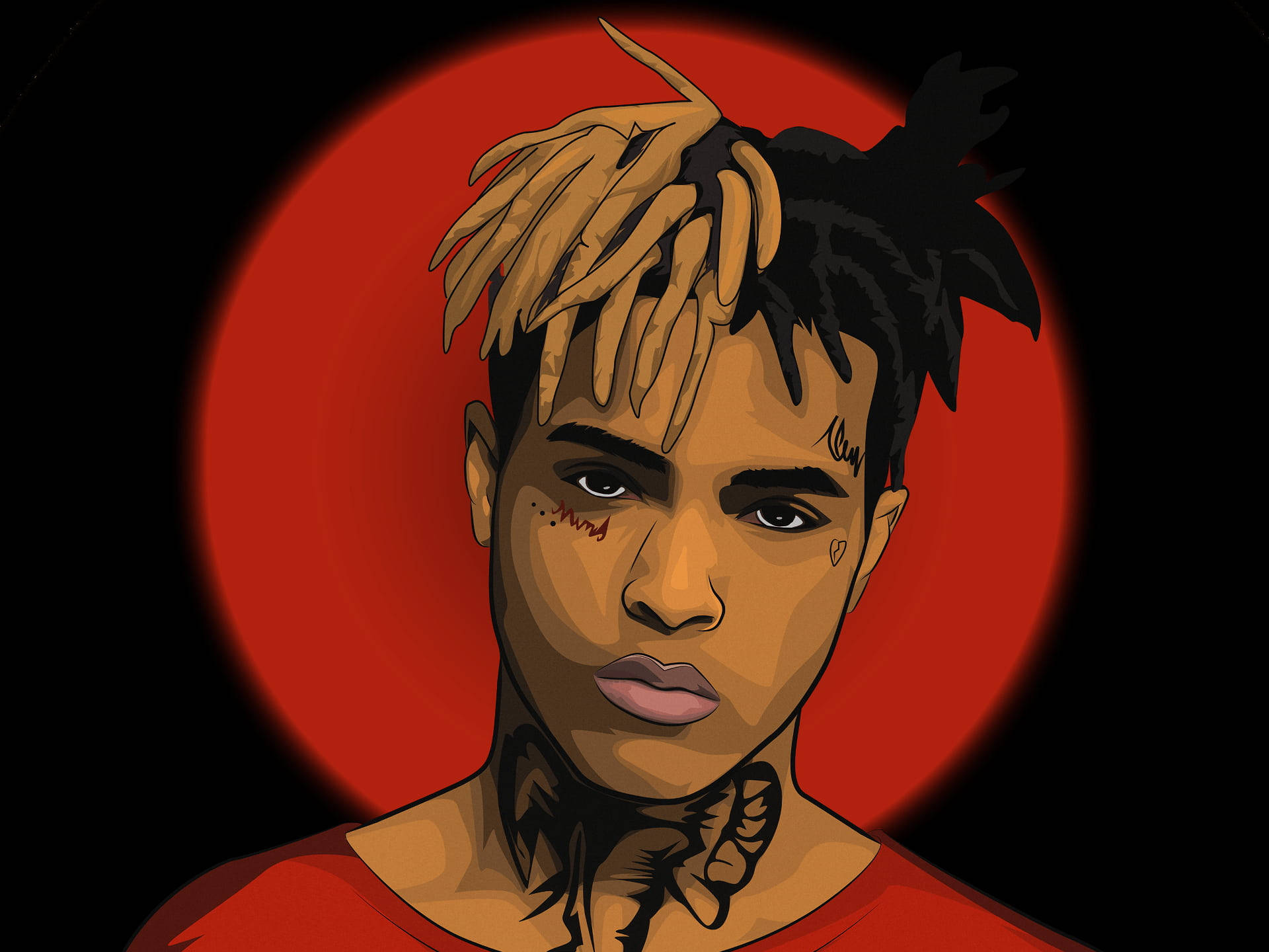 XX Tentacion 紅黑造型 壁紙 — 一個風格化的數碼肖像，人物頭髮分界並有紋身，背景是發光的紅色圓形。