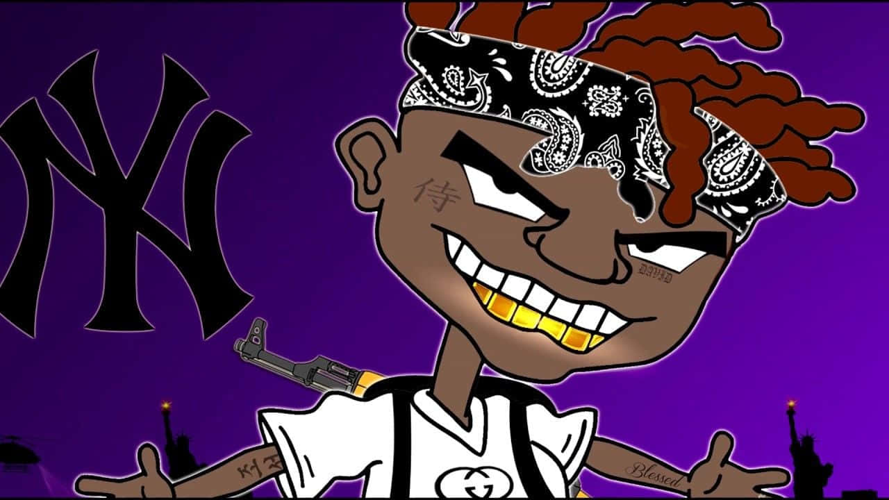 Xxxtentacion 迷因藝術 壁紙 — 戴頭巾和金色牙齒的卡通角色在紫色背景上持槍，背景有NY標誌和自由女神像剪影。