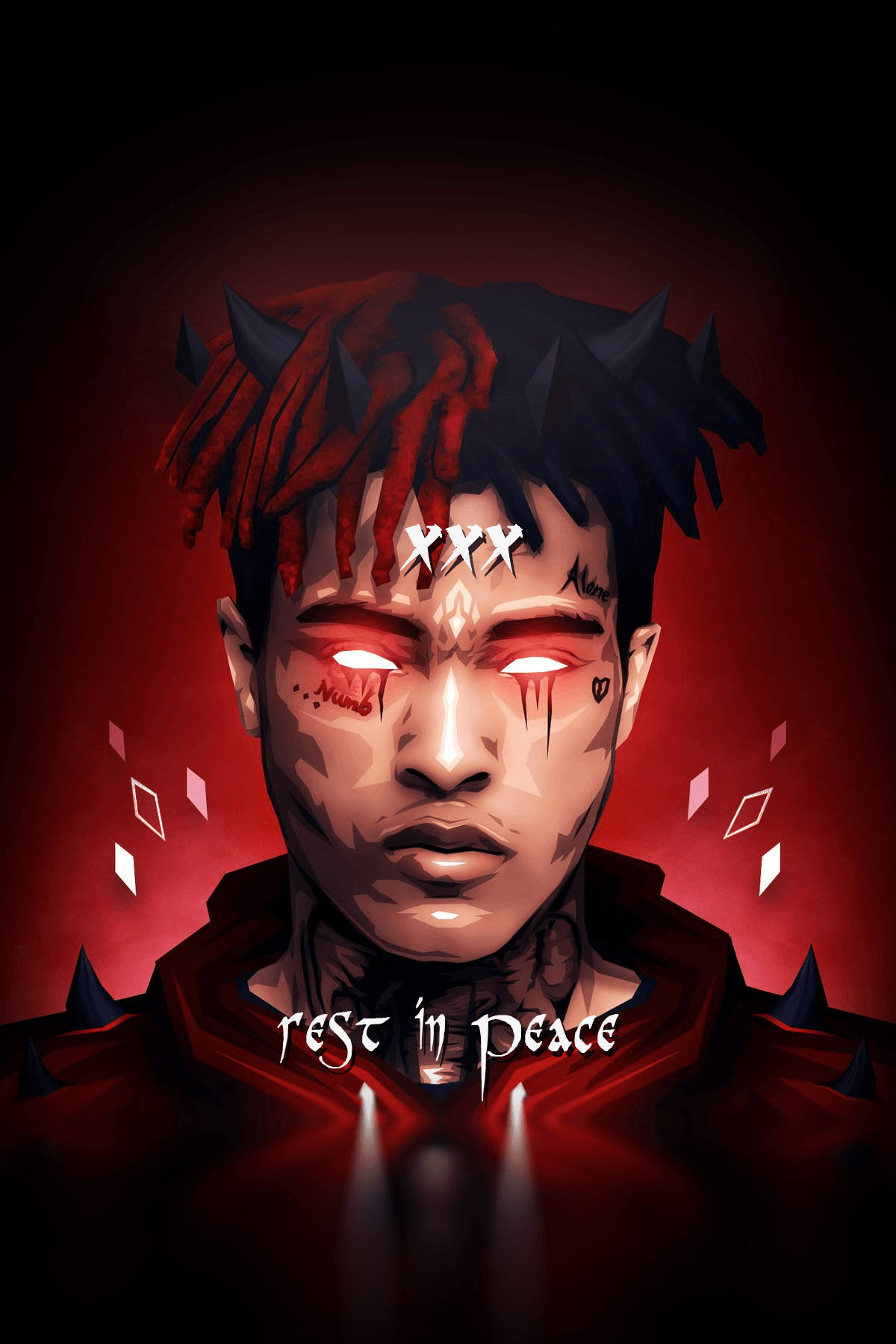 深切悼念XXXTentacion 壁紙 — 一個風格化的數碼肖像，描繪一名男子，擁有發光的紅色眼睛和紅色辮子，背景為深紅色，並帶有'rest in peace'文字。