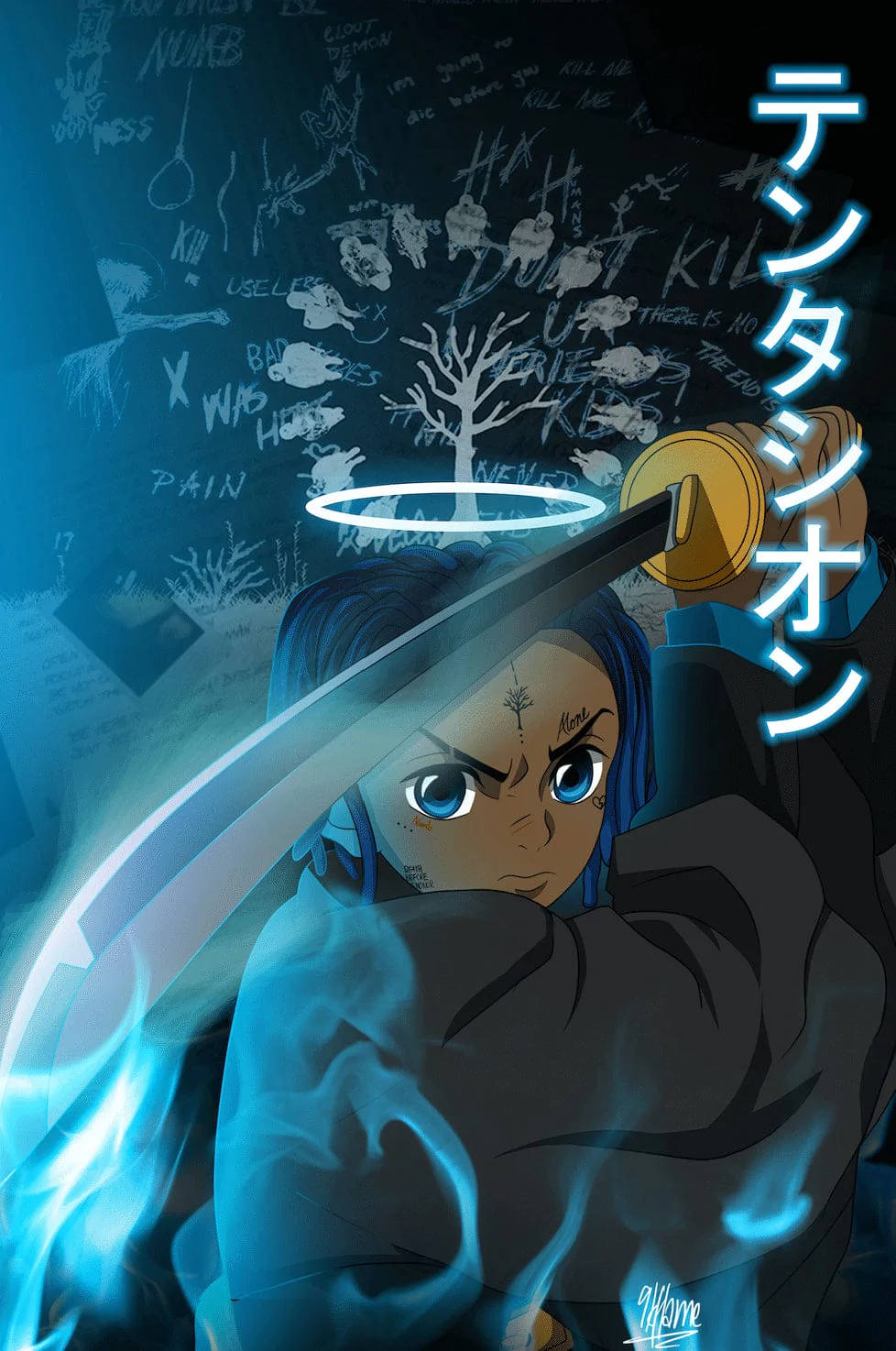 XXXTentacion 動漫風格《鬼滅之刃》 壁紙 — 一個藍髮藍眼的動漫角色，在佈滿塗鴉和鬼樹的黑暗牆壁前揮舞著發光的劍。
