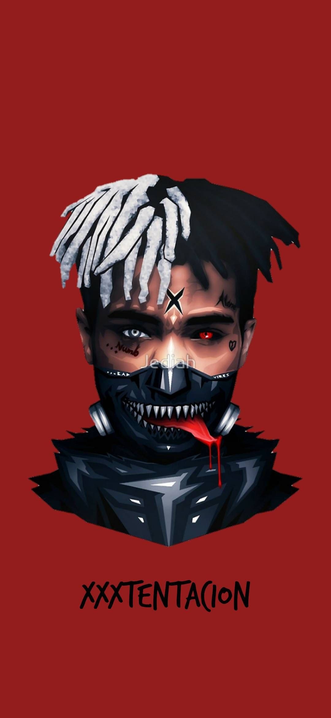 型爆 Xxxtentacion 紅色藝術 壁紙 — XXXTENTACION 的風格化數碼肖像，帶有辮子和面具，背景為純紅色。