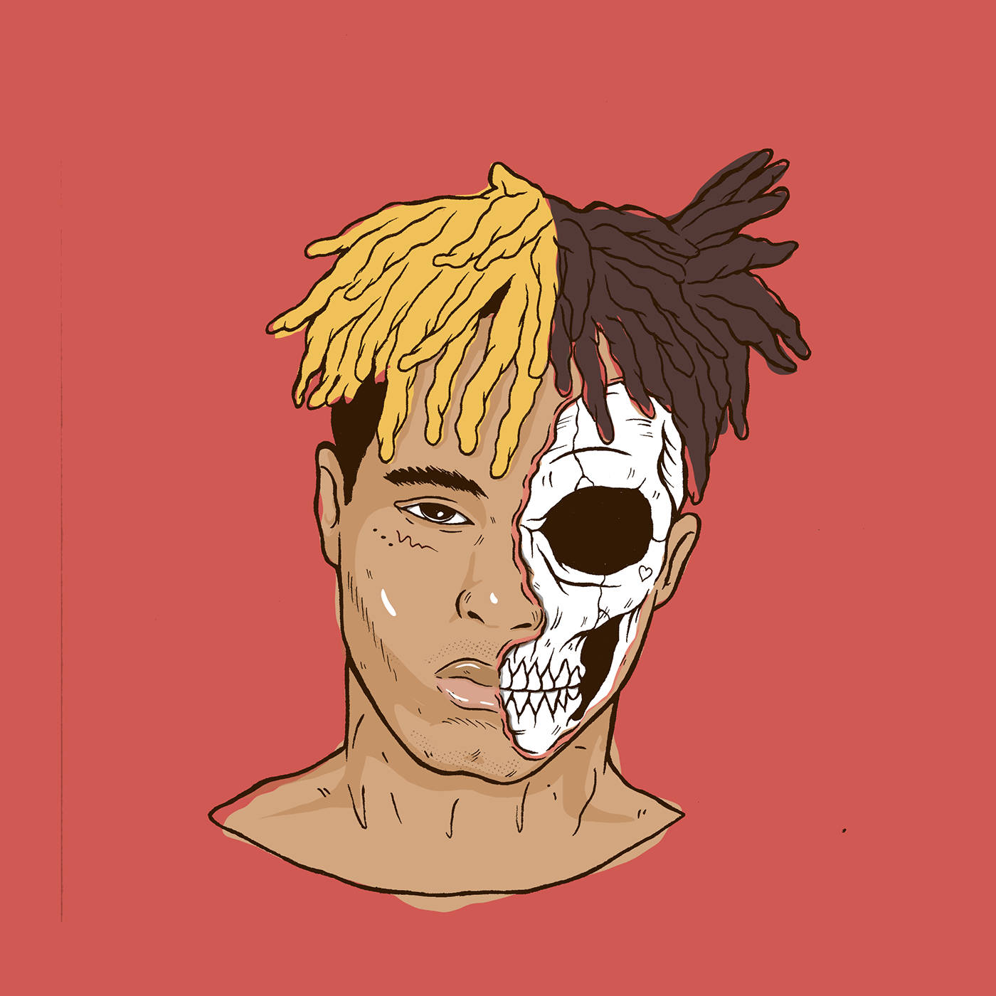 Xxxtentacion 动漫靈感藝術 壁紙 — 一個男人半人半骷髏的分裂臉部插圖，背景為純紅色。