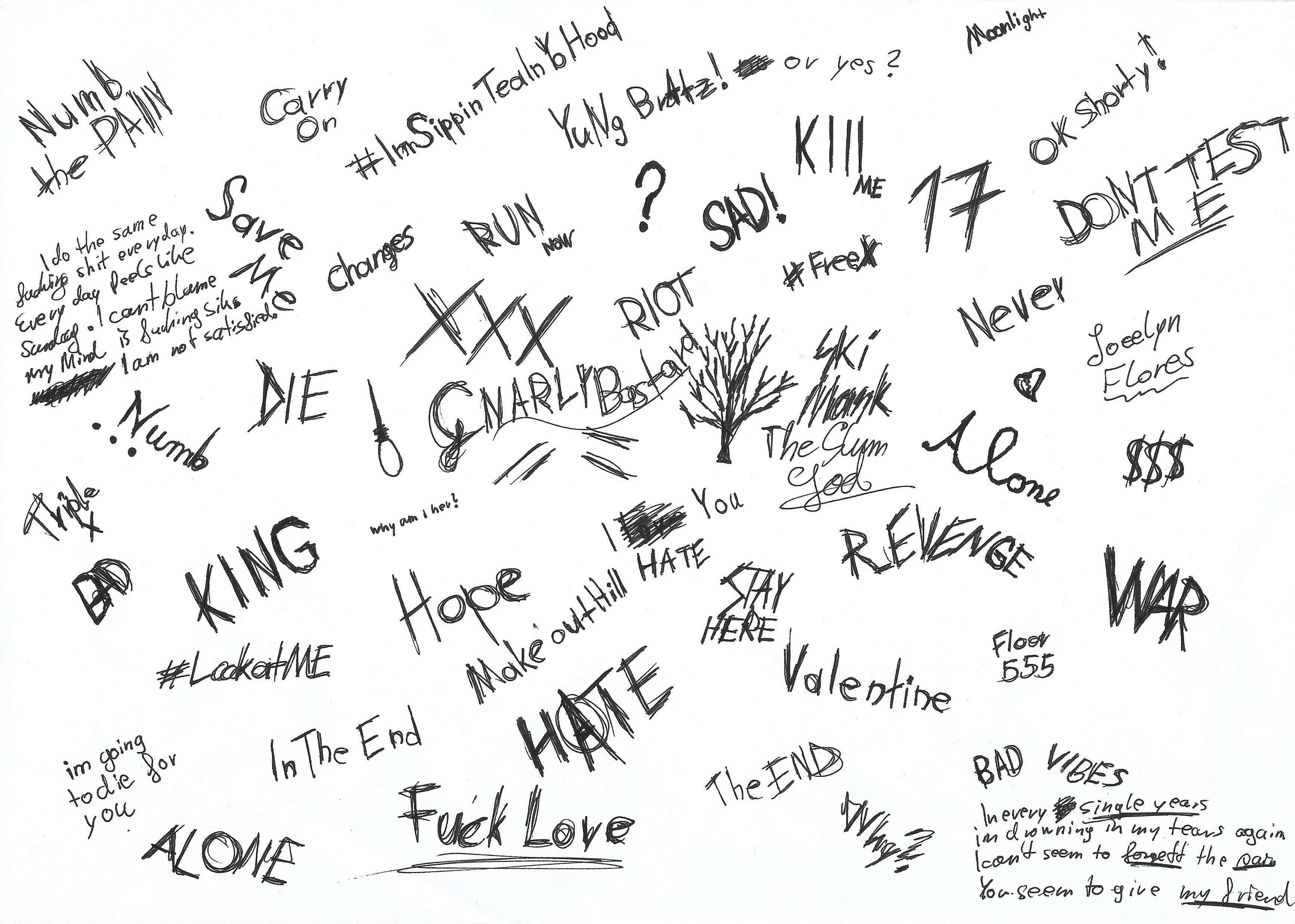 XXXTentacion 使用筆記本電腦 壁紙 — 一個混亂的手寫拼貼，用黑色墨水在白紙上寫滿原始情感短語和潦草文字。