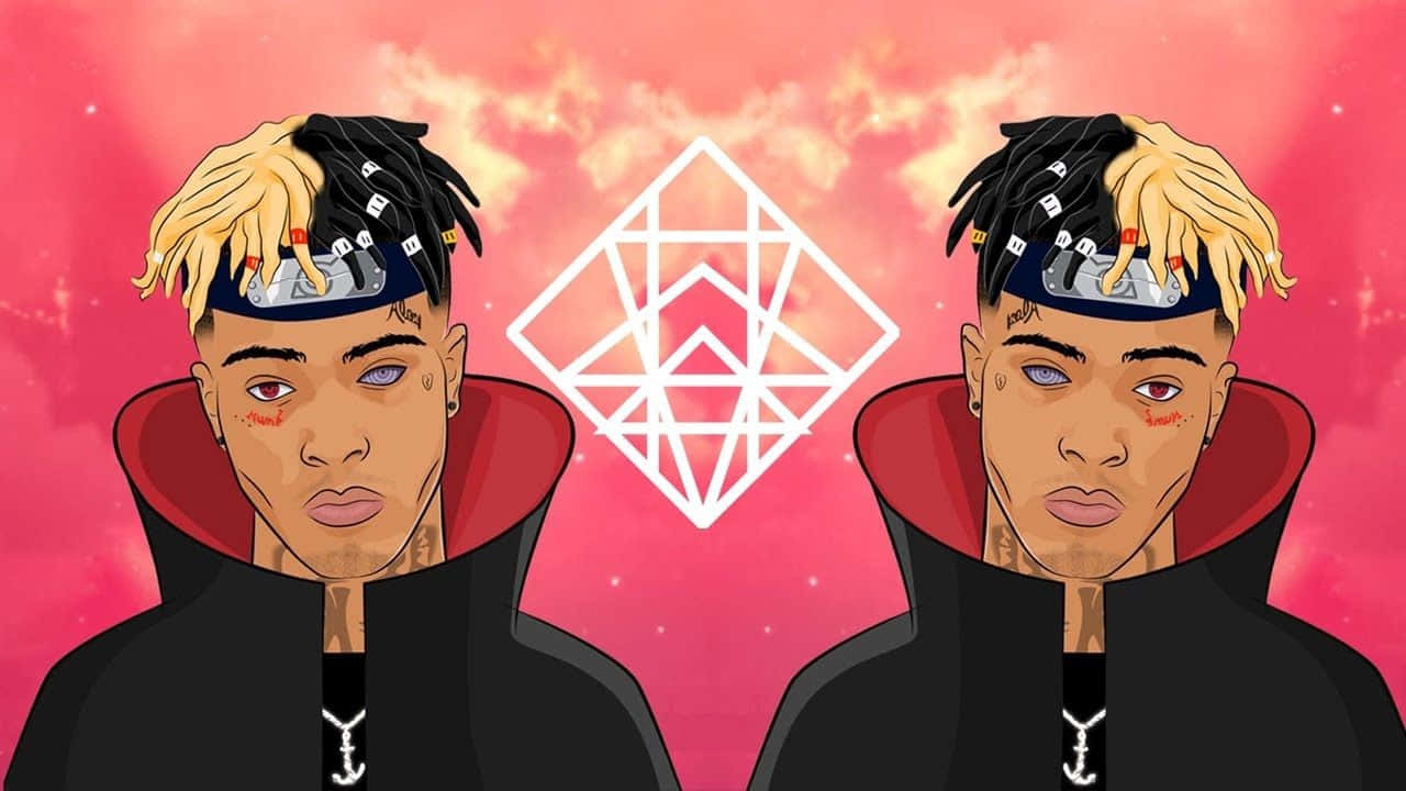 XXXTENTACION的筆記本電腦，盡顯其獨特魅力 壁紙 — 兩個插圖人物，金色辮子和黑色斗篷，對稱地站在粉紅色天空前，中間有一個白色幾何符號。