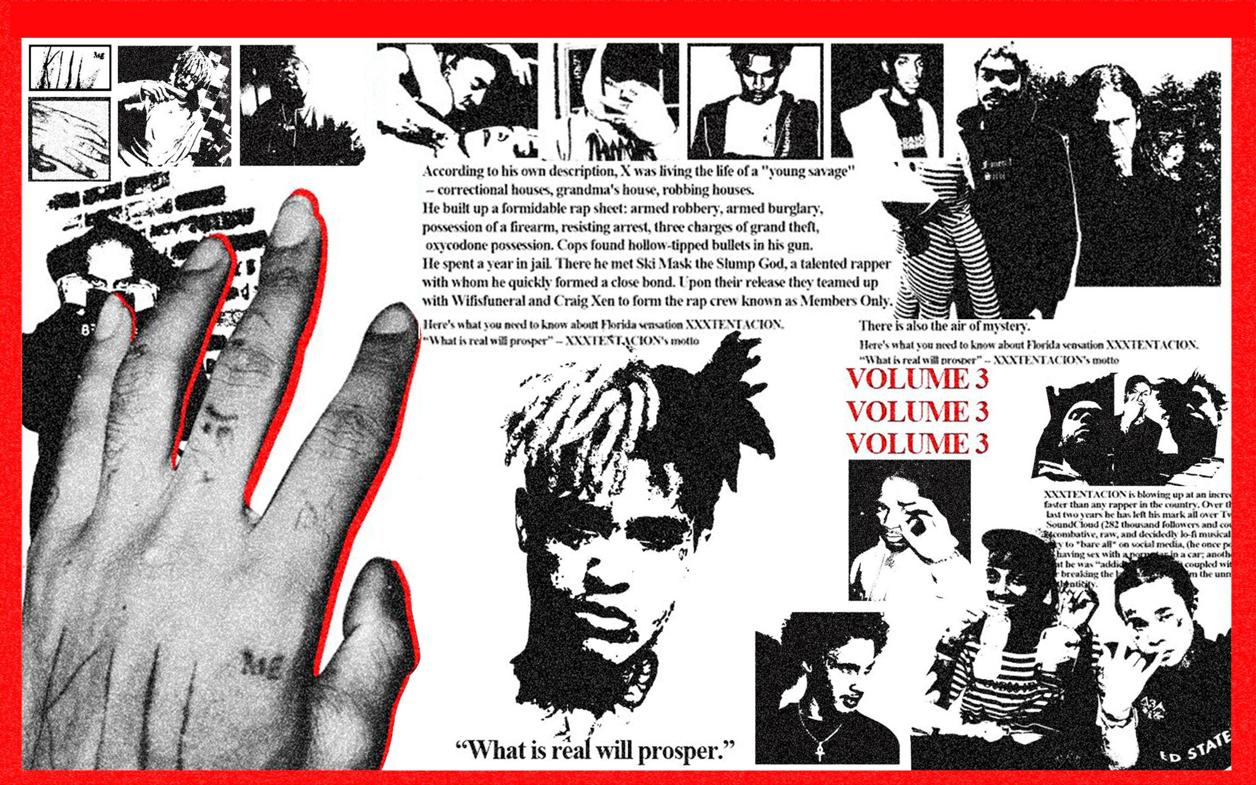 XXXTentacion《Members Only》混音帶美學 壁紙 — 一張關於饒舌歌手 XXXTENTACION 的黑白照片和文字拼貼，以紅色背景上的大型紋身手為主導。