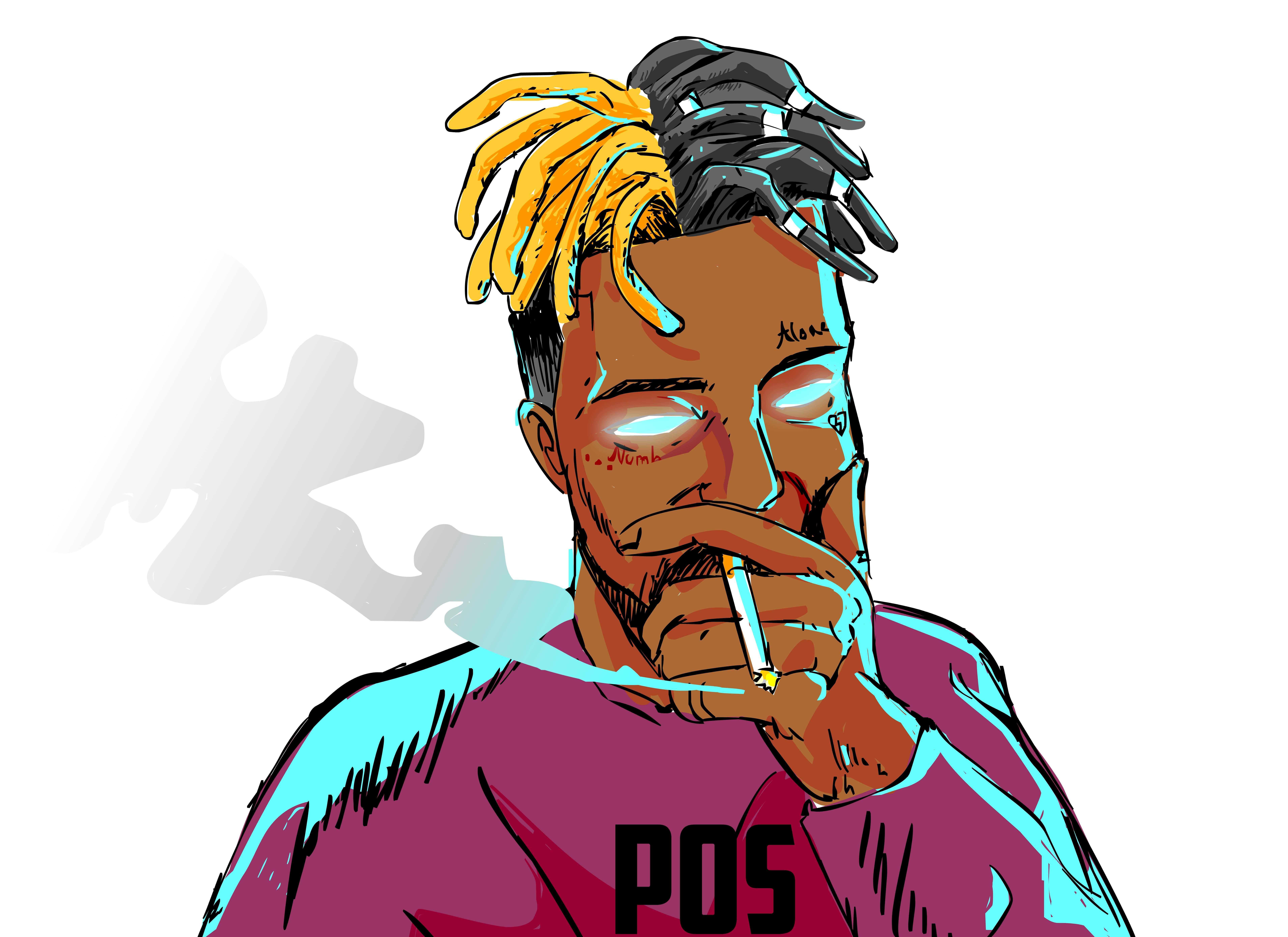 XXXTentacion 搭配黃黑髮色的酷炫卡通筆記本電腦壁紙 壁紙 — 一個風格化的插圖，描繪一個頭髮半黃半黑的男子抽煙，煙霧向上繚繞。