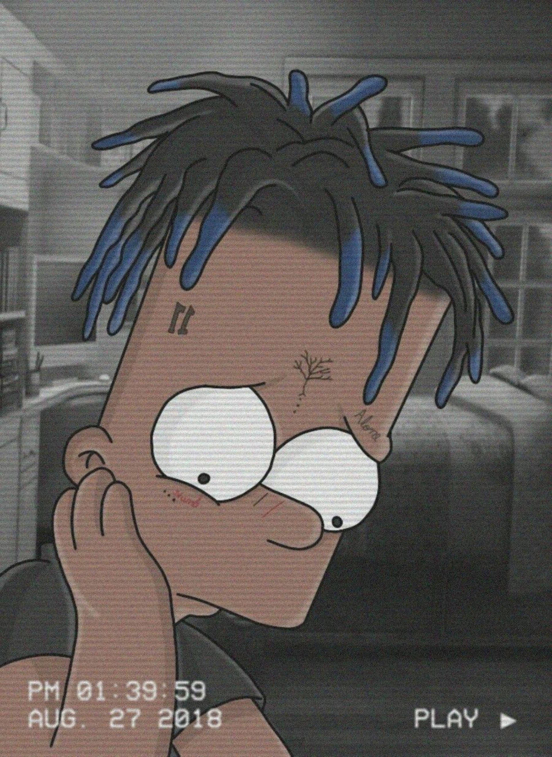 酷炫頭像：Xxxtentacion 化身辛普森的巴特 壁紙 — 一個風格化的卡通角色，帶有藍色尖端的辮子和紋身，睜大眼睛凝視著，同時將臉貼在顆粒狀的灰階背景上。