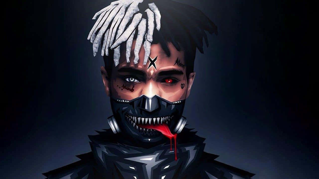 XXXTENTACION筆記本電腦——十年後仍提醒我們一位影響深遠的藝術家 壁紙 — 一個風格化的數碼肖像，描繪一個有辮子、發光眼睛、面具滴血的人物，背景為深色。