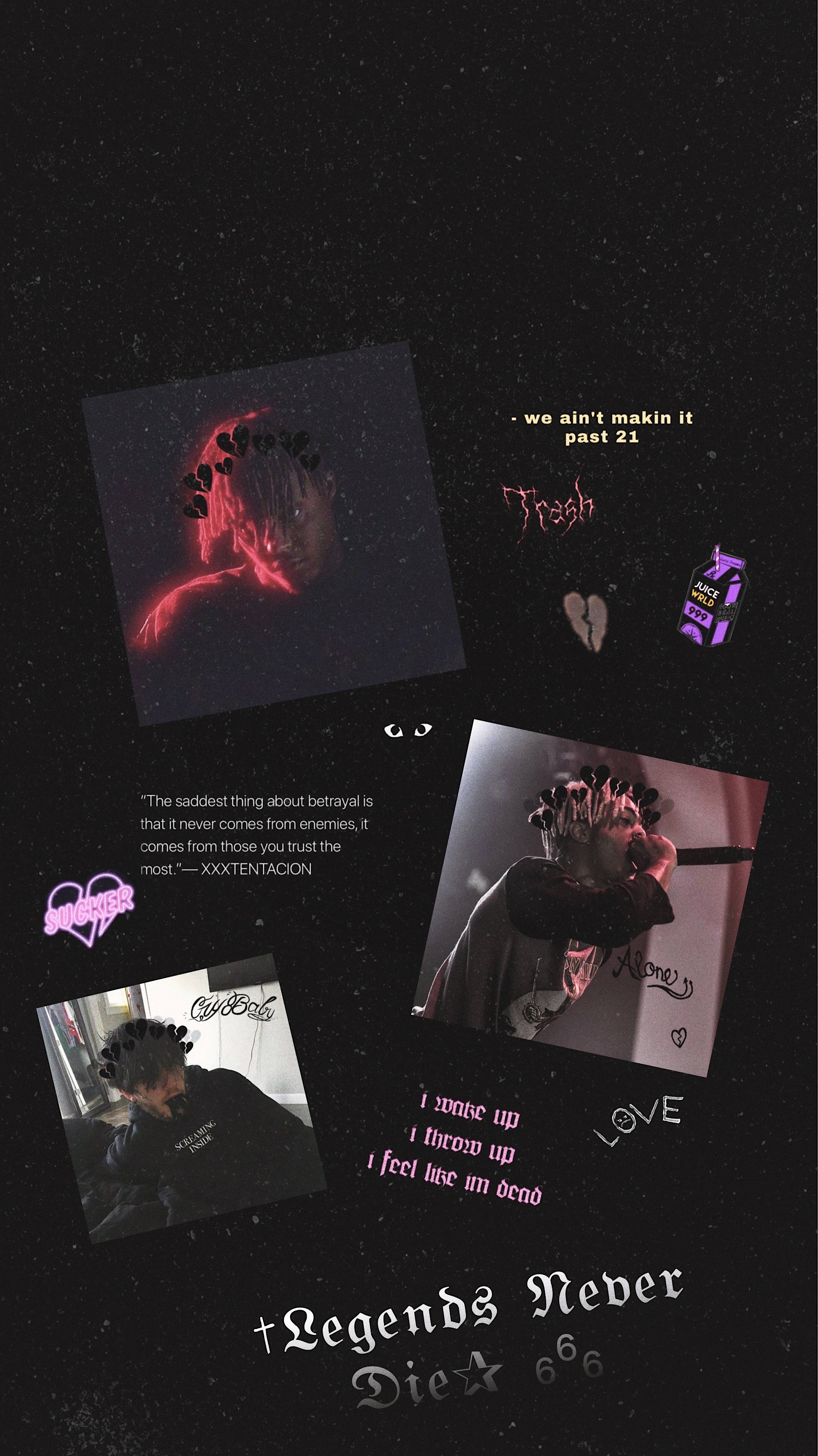 XXXTentacion美學粉絲編輯 壁紙 — 一幅黑暗宇宙風格牆紙拼貼，以Xxxtentacion的照片、語錄和螢光粉紅文字點綴在星空黑色背景上。
