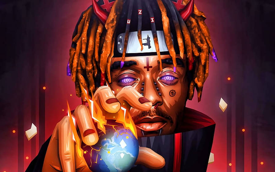 Xxxtentacion酷帥姿勢——以音樂活著 壁紙 — 一個風格化的數碼肖像，描繪一名留著辮子、眼睛發光的男子，在深紅色背景前手持一個燃燒的地球。