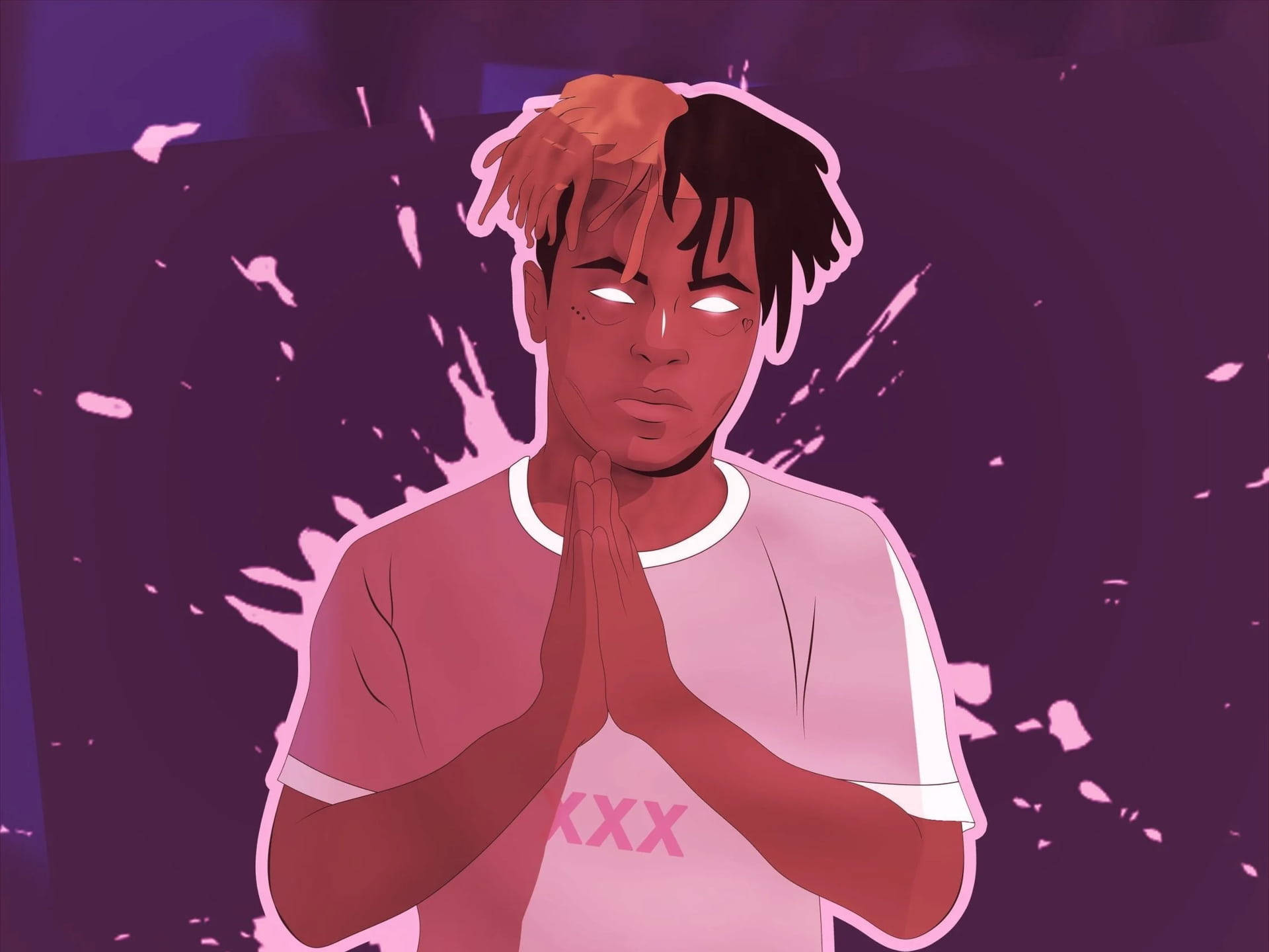 數位繪畫 XXXTentacion 電腦壁紙 壁紙 — 一個風格化的插圖，描繪一個發光眼睛和分叉頭髮的人，在紫色潑濺背景中祈禱。