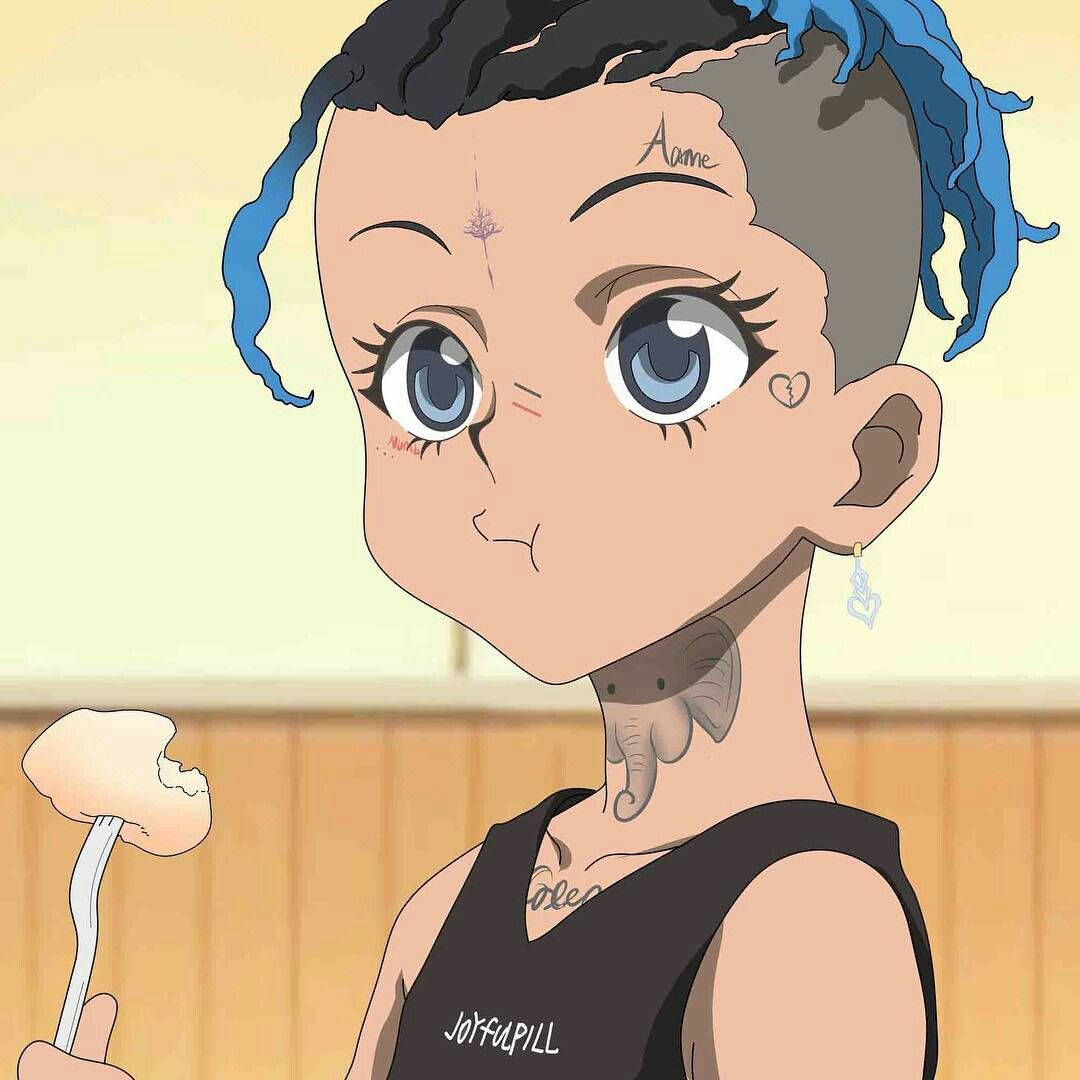 藍色頭髮和紋身的動漫女孩用叉子吃餃子。 — Xxxtentacion 動漫 GIF 壁紙