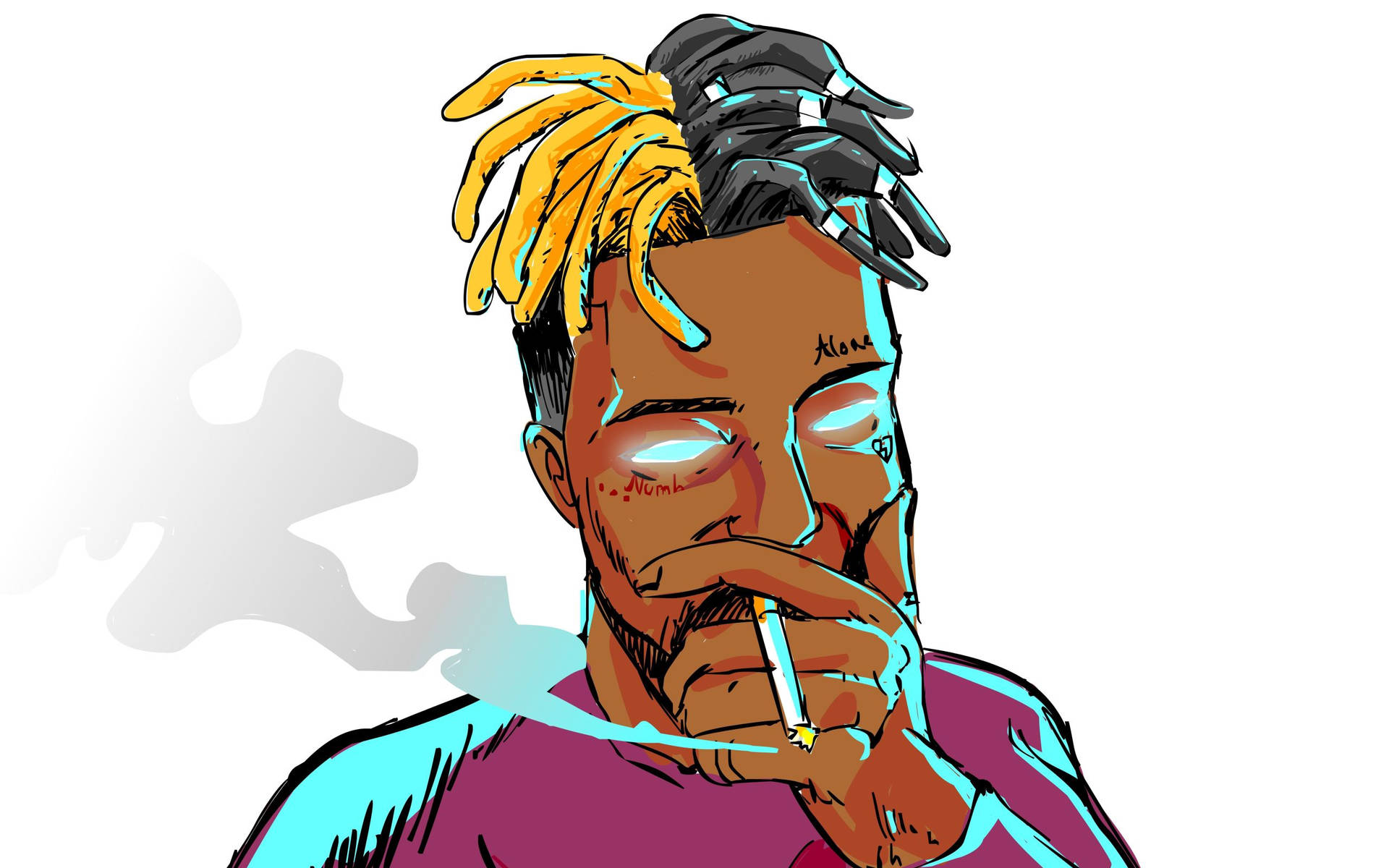 有黃色和黑色辮子頭的男人吸煙，煙霧上升。
