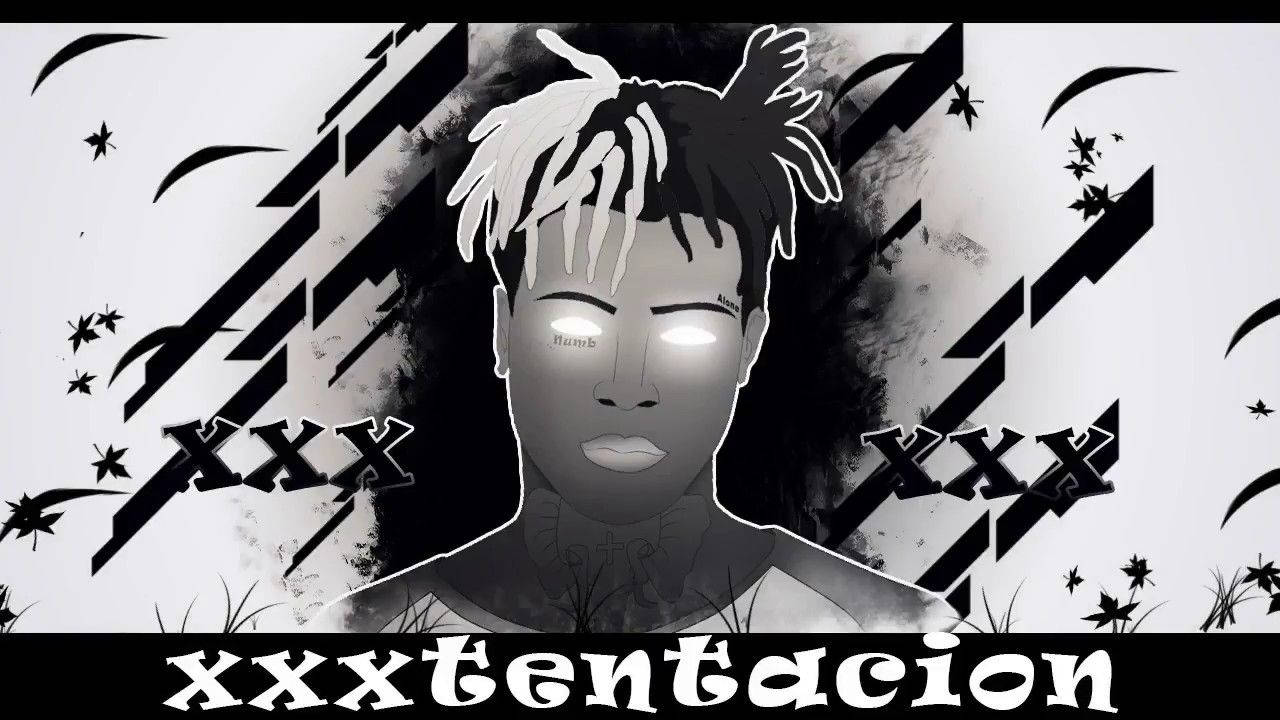 XXXTentacion 的肖像，眼睛發光，帶有圖形背景。