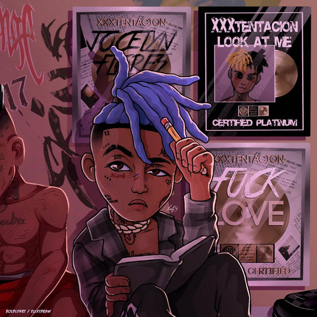 年輕藝術家，藍色辮子，手持鉛筆和書本，被專輯封面環繞。 — Xxxtentacion 動漫 GIF 壁紙