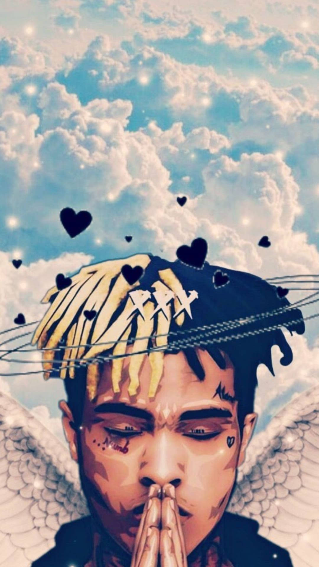 一個擁有天使翅膀和辮子的男人在陰天和漂浮的心形下祈禱。 — Xxxtentacion 動漫 GIF 壁紙