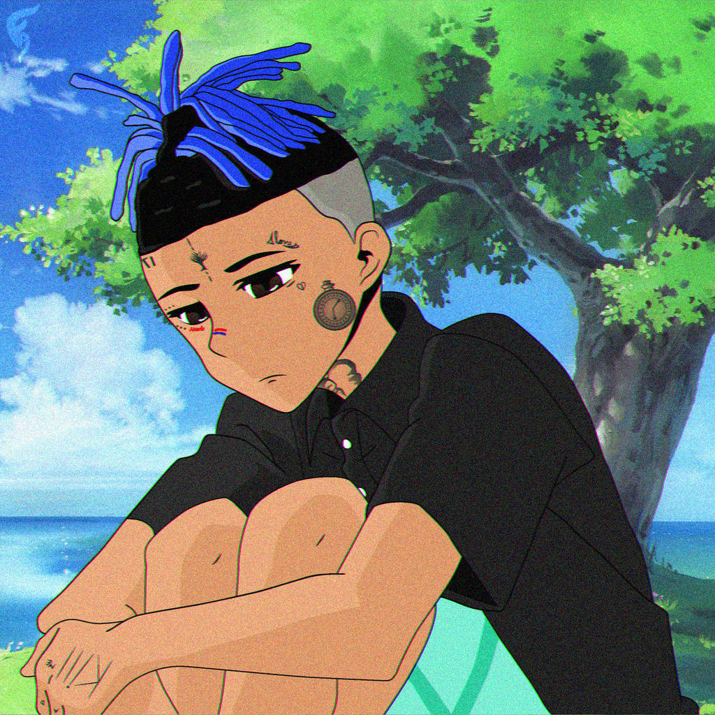 動漫角色，藍色辮子頭和紋身，坐在海邊的樹下。 — Xxxtentacion 動漫 GIF 壁紙